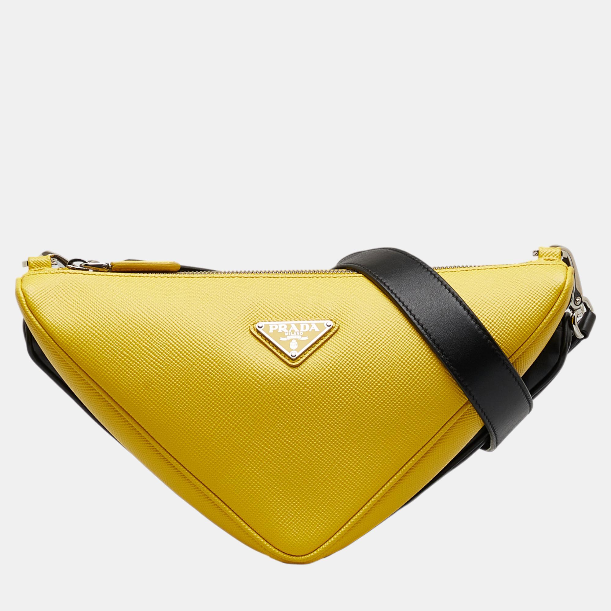Prada Yellow Saffiano Double Triangle Crossbody Bag