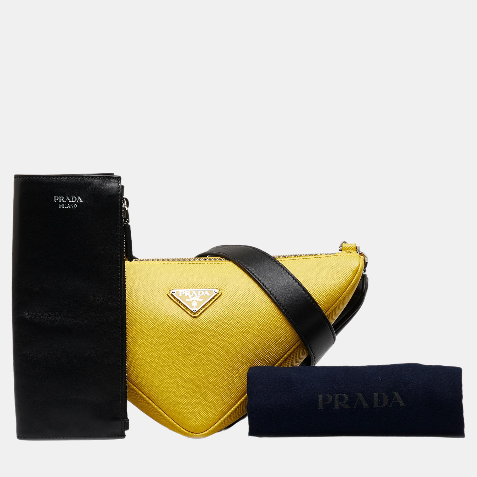Prada Yellow Saffiano Double Triangle Crossbody Bag