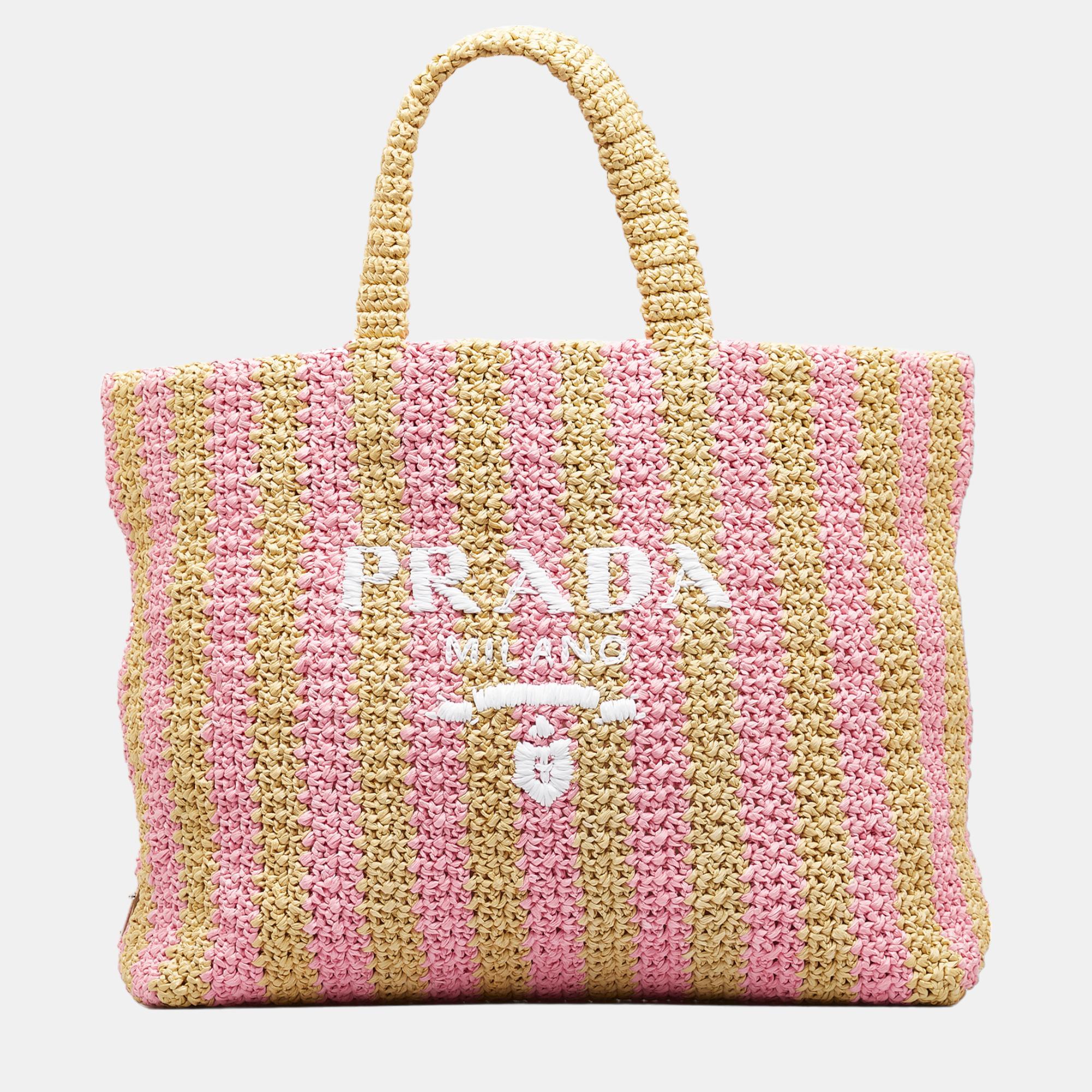 Prada Brown/Pink Large Raffia Logo Tote