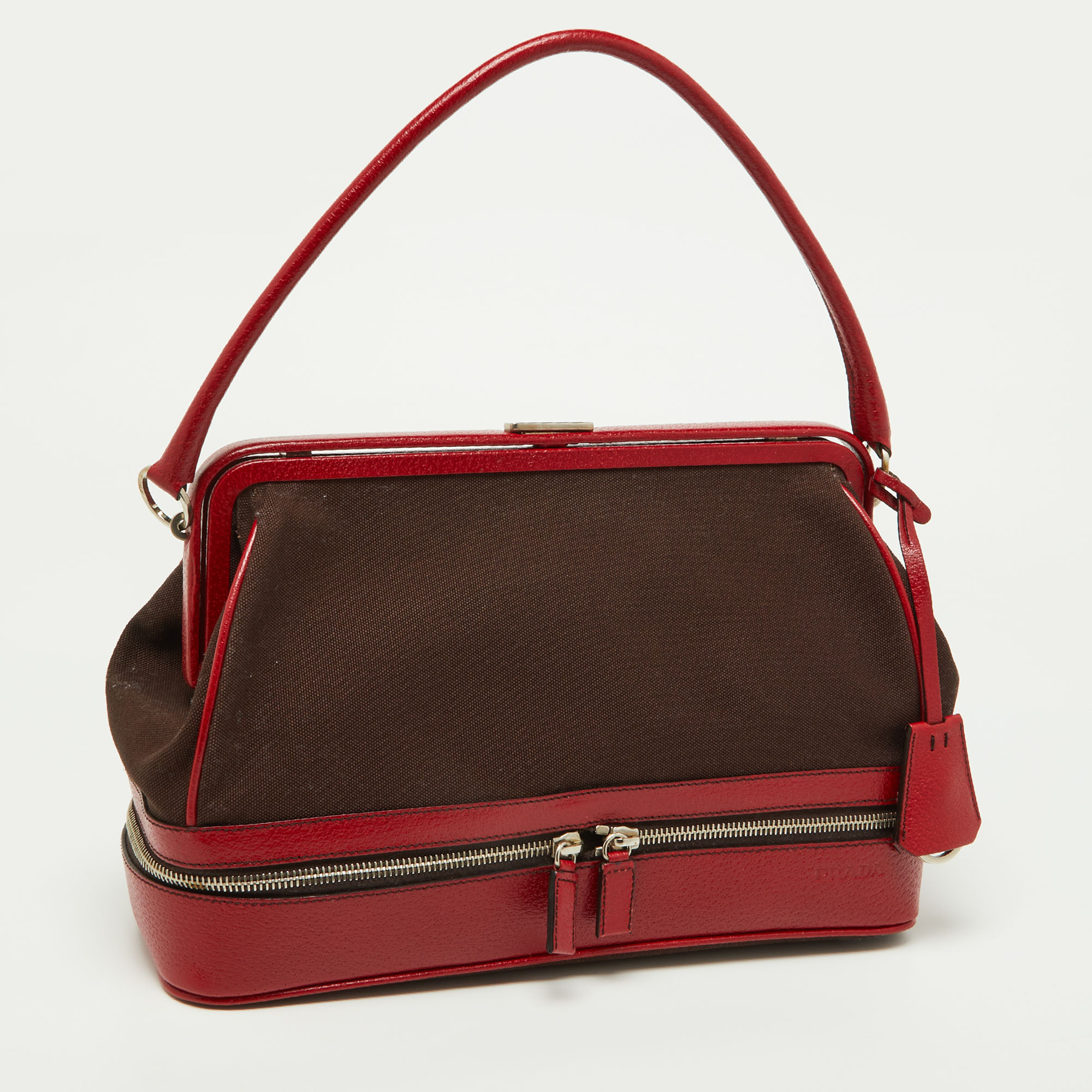 Prada Red/Brown Canvas And Leather Frame Doctor's Bag