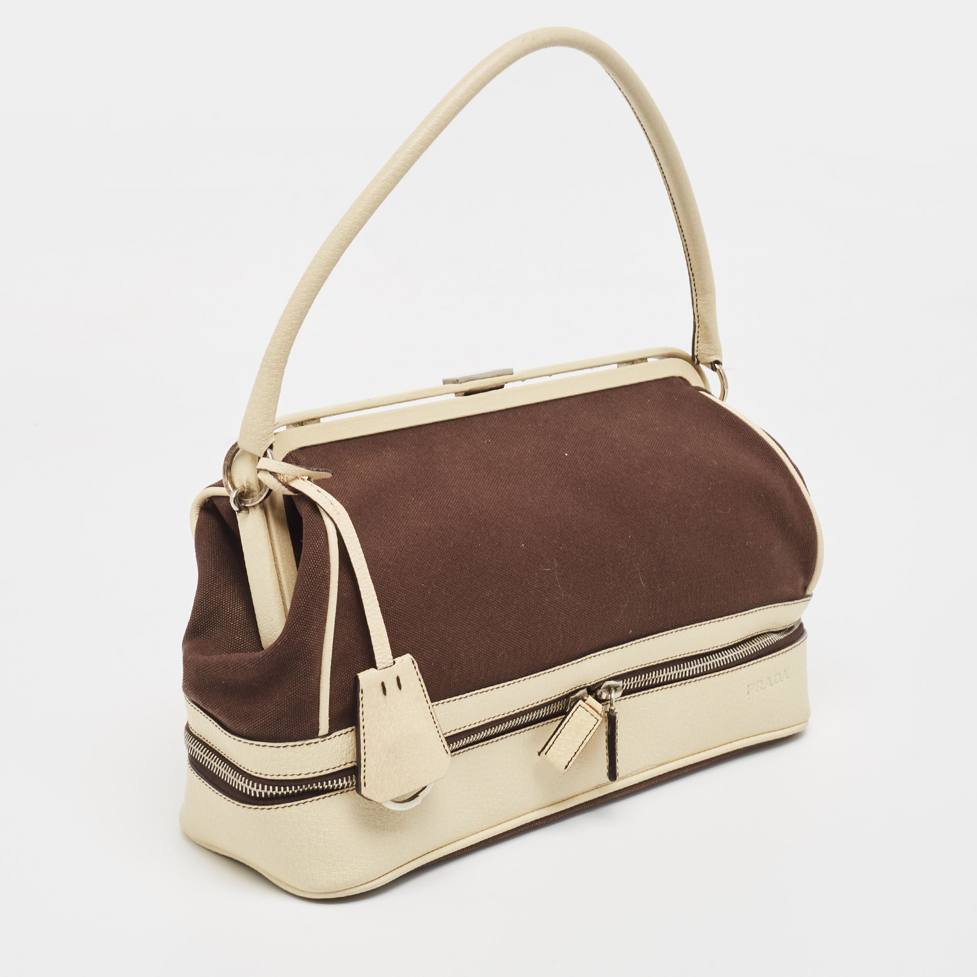 Prada Brown/Cream Canvas And Leather Frame Doctor Bag