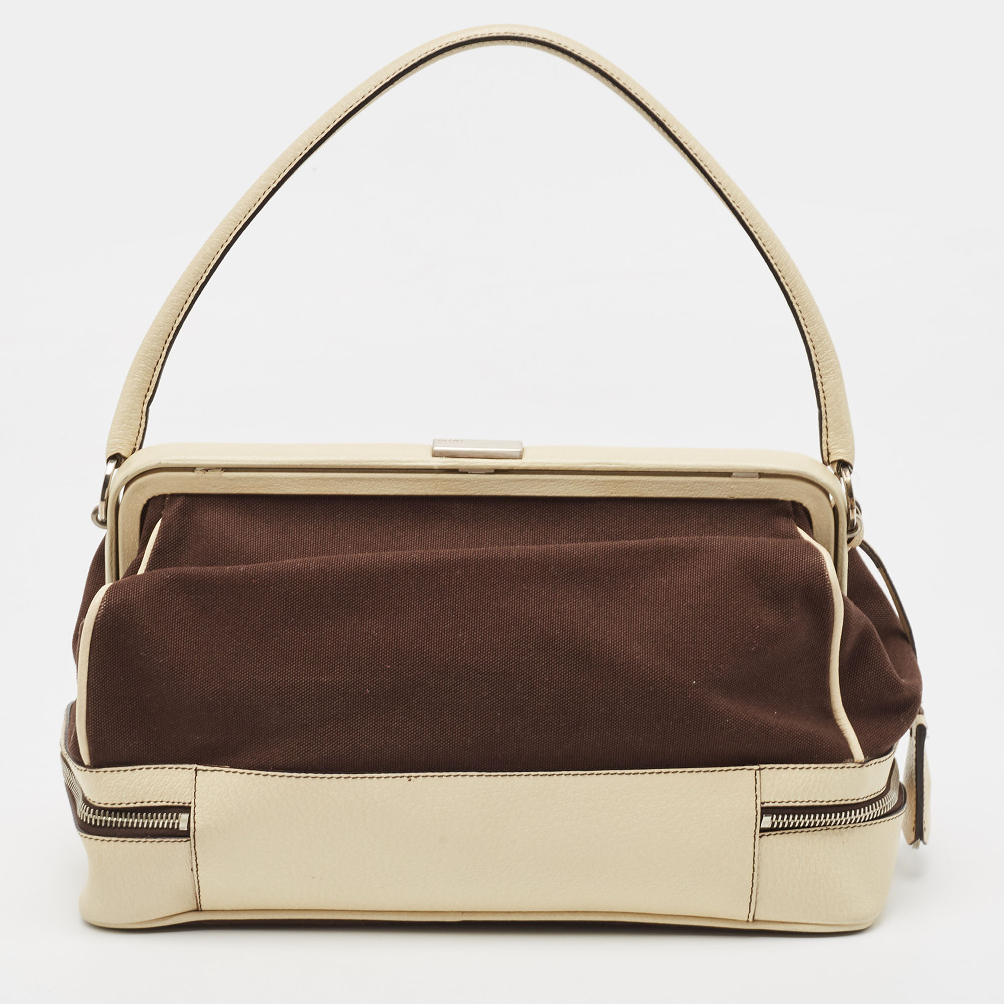 Prada Brown/Cream Canvas And Leather Frame Doctor Bag