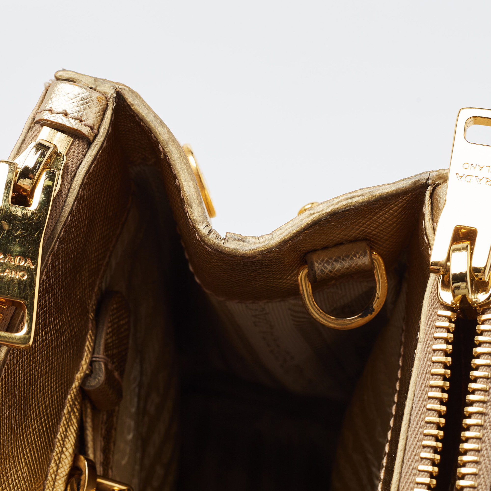 Prada Gold Saffiano Lux Leather Small Double Zip Tote