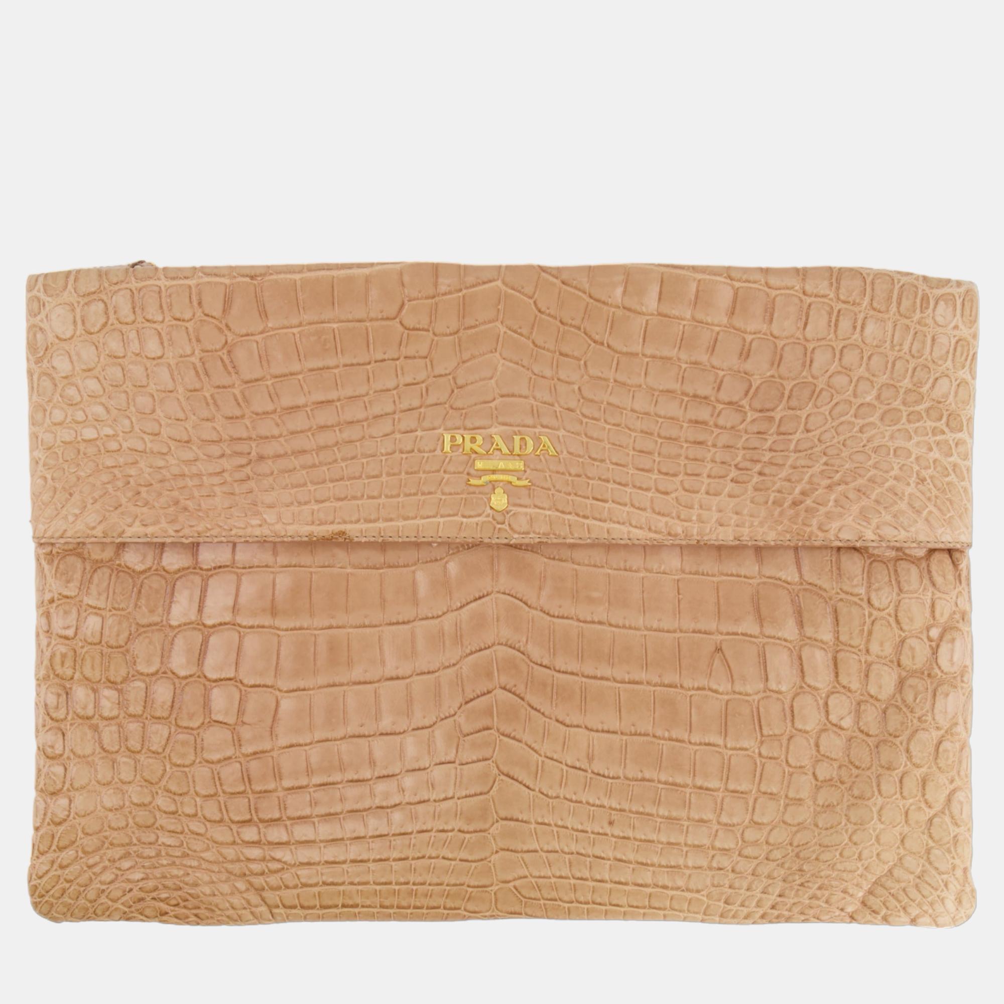 Prada beige crocodile large pouch bag with gold hardware