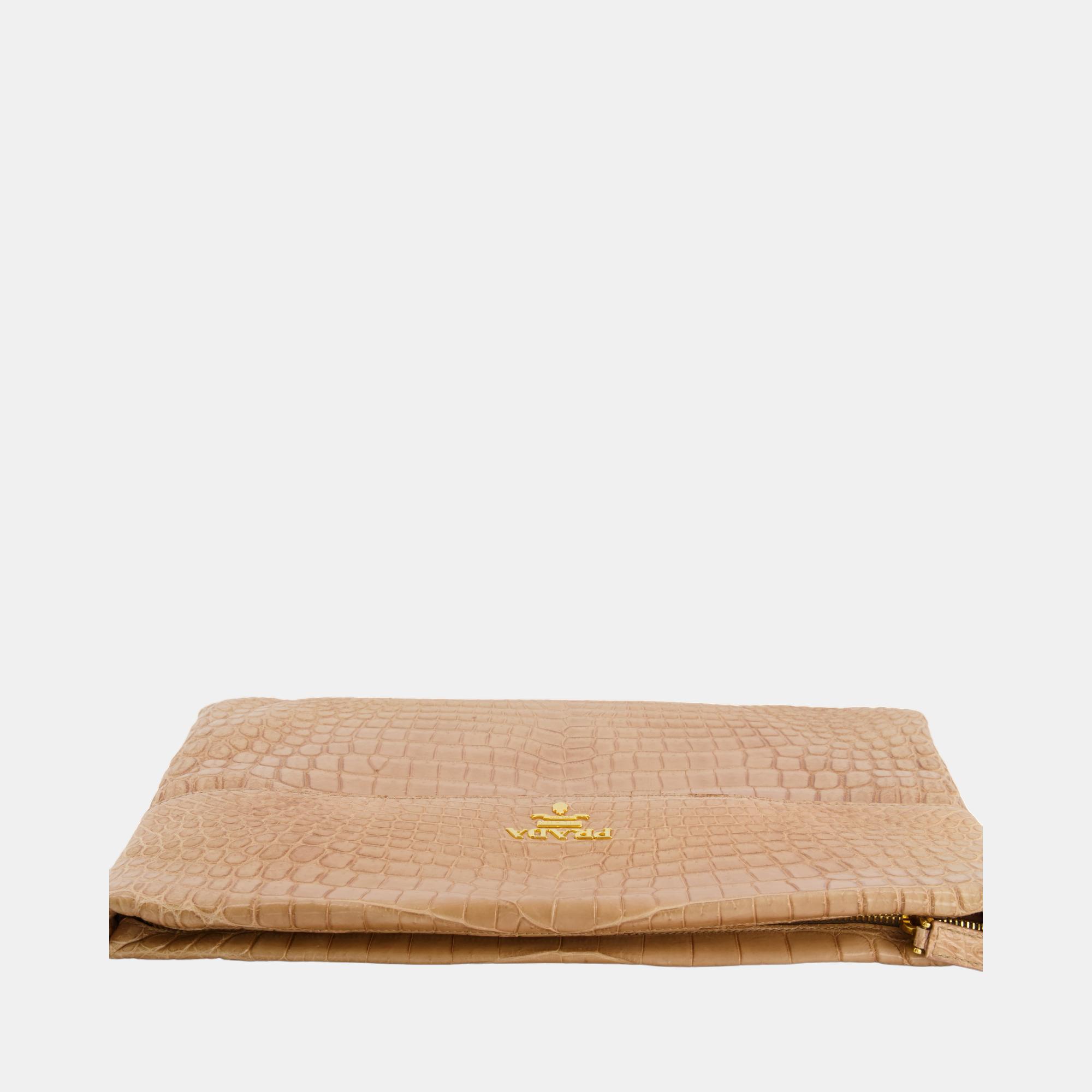 Prada Beige Crocodile Large Pouch Bag With Gold Hardware