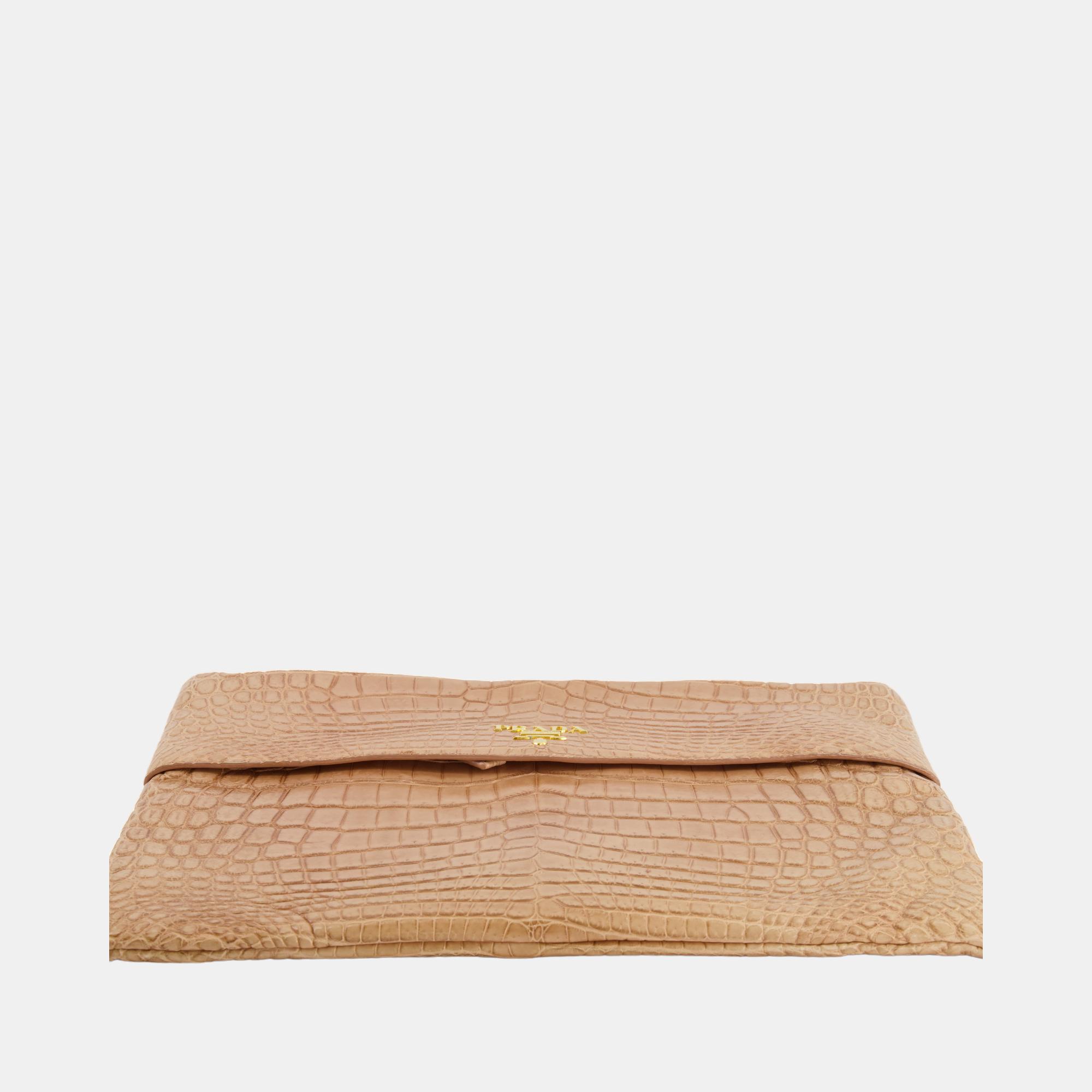 Prada Beige Crocodile Large Pouch Bag With Gold Hardware