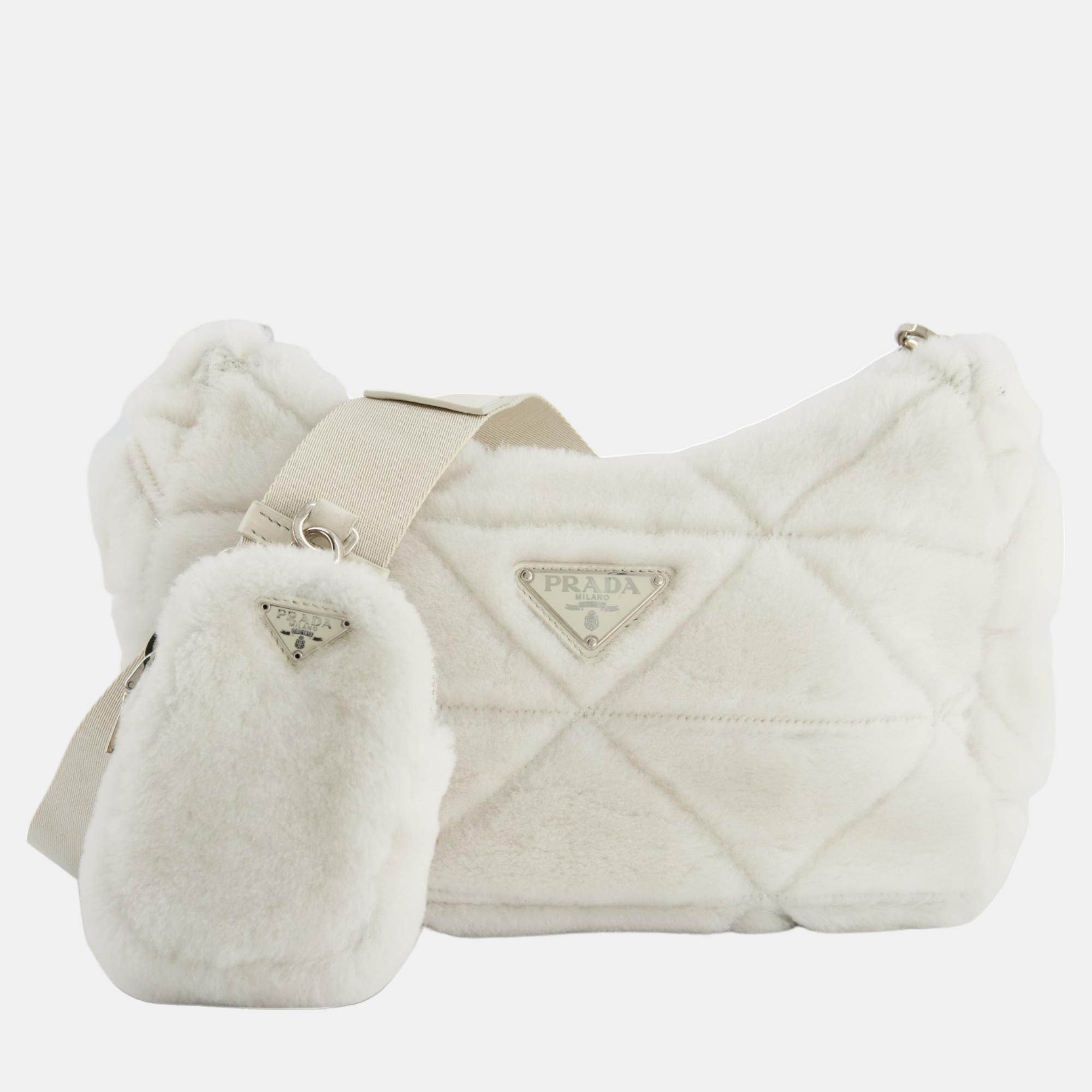 Prada Off-White Re-Edition 2000 Quilted Shearling Shoulder Bag With Silver Hardware