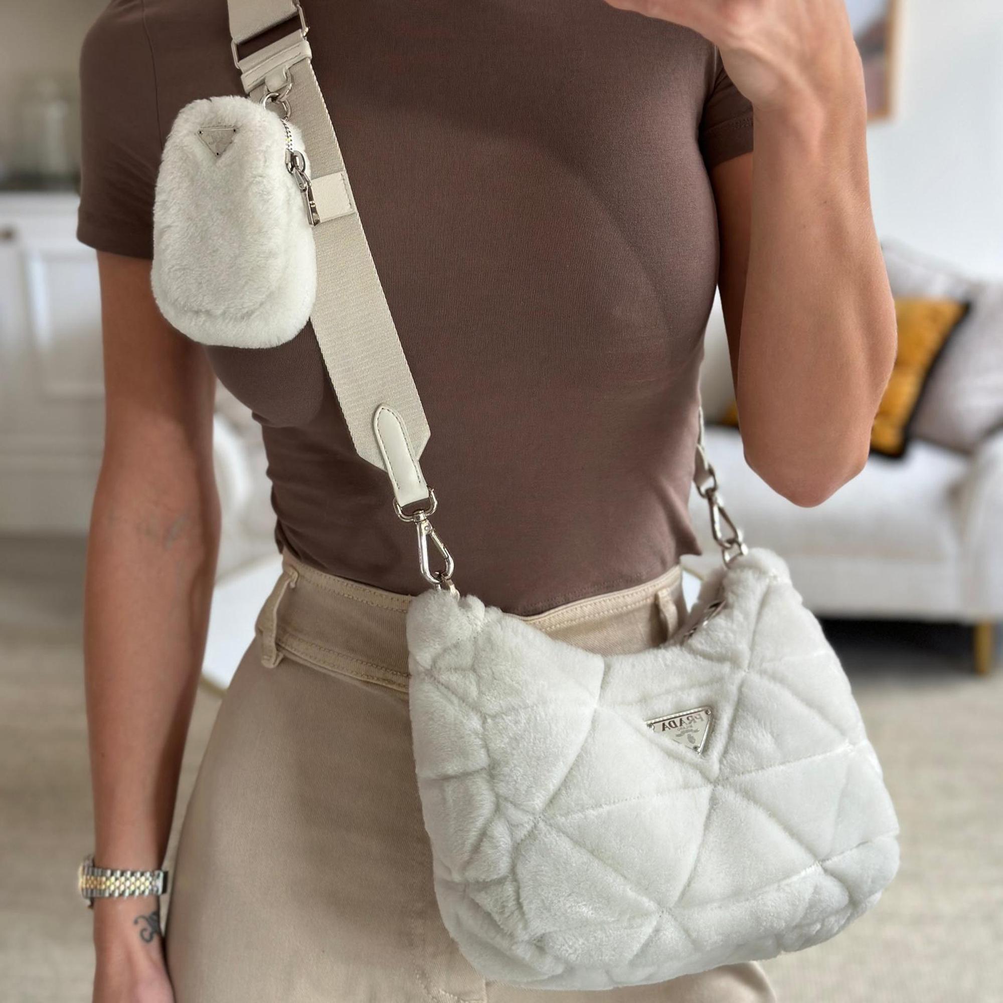 Prada Off-White Re-Edition 2000 Quilted Shearling Shoulder Bag With Silver Hardware