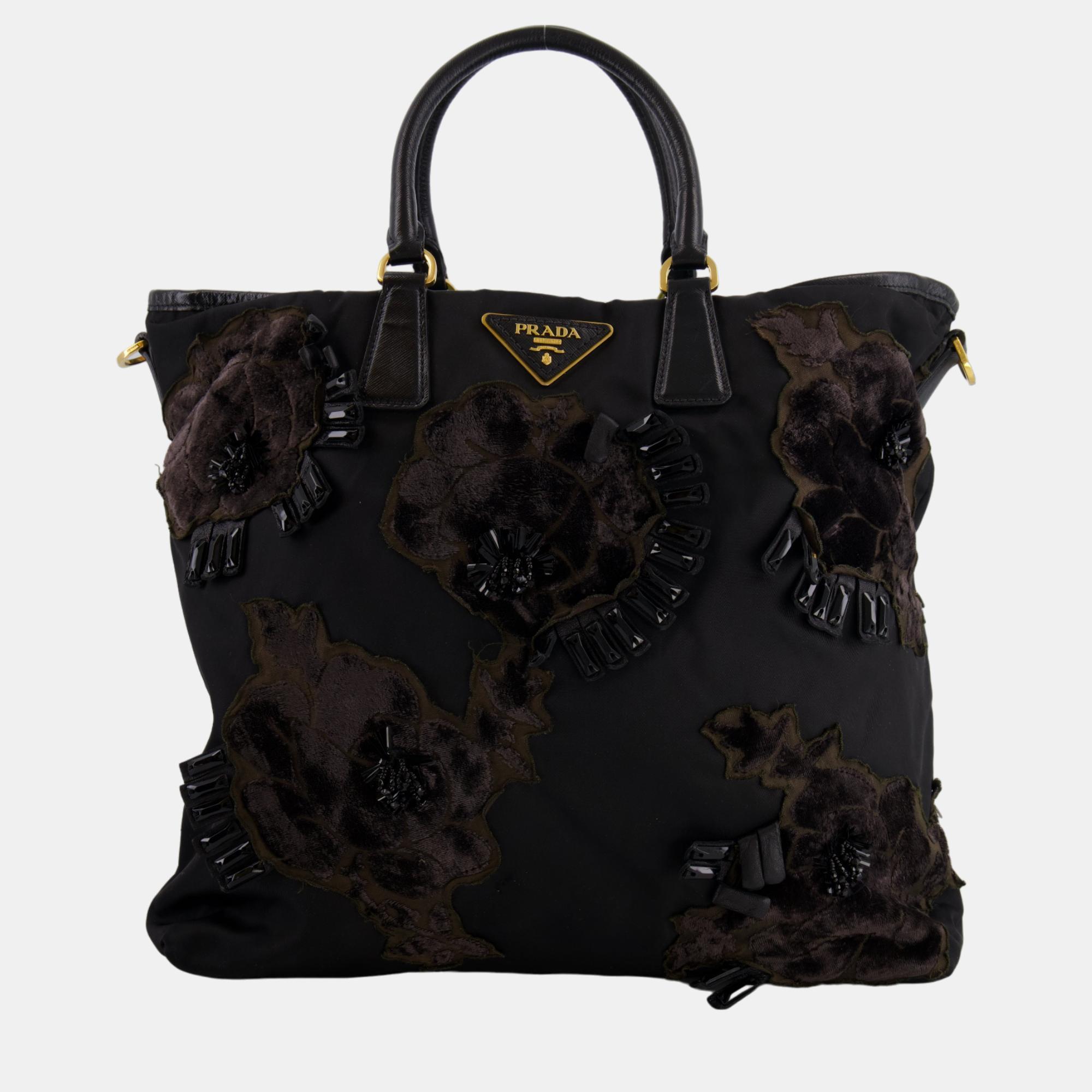 Prada black nylon tote bag with gold hardware, velvet and crystal embroideries