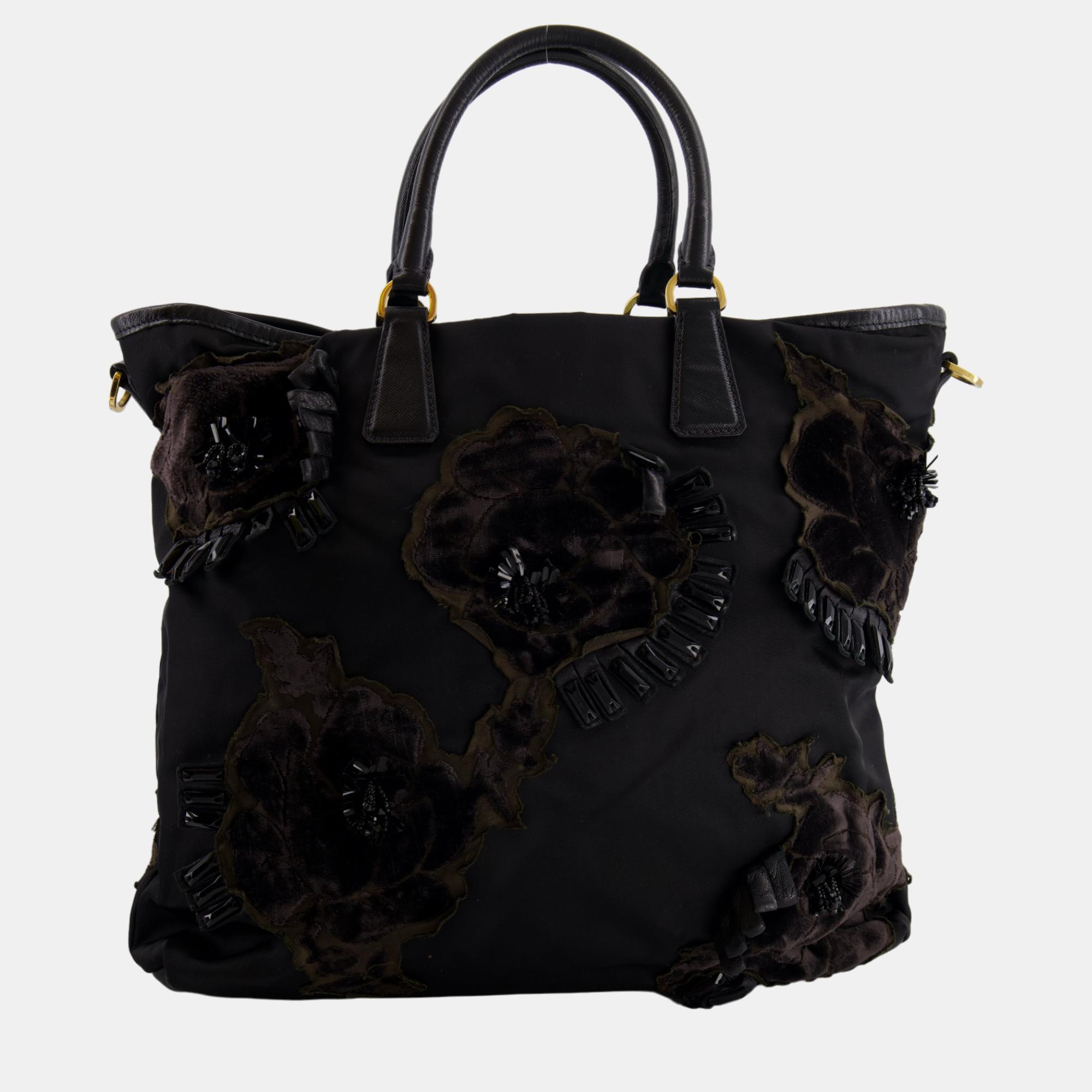 Prada Black Nylon Tote Bag With Gold Hardware, Velvet And Crystal Embroideries