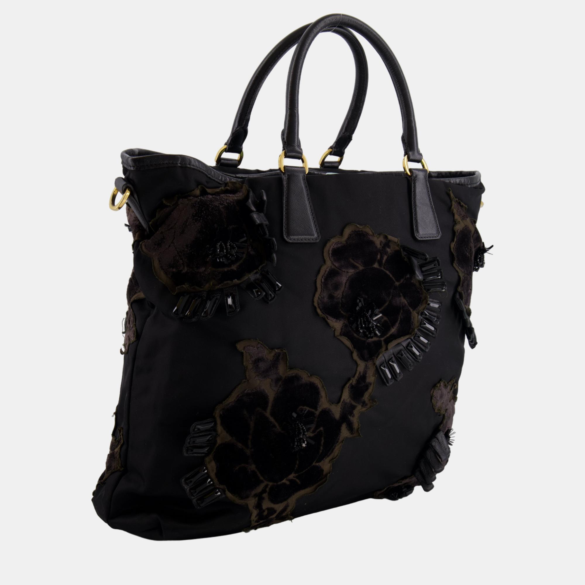 Prada Black Nylon Tote Bag With Gold Hardware, Velvet And Crystal Embroideries