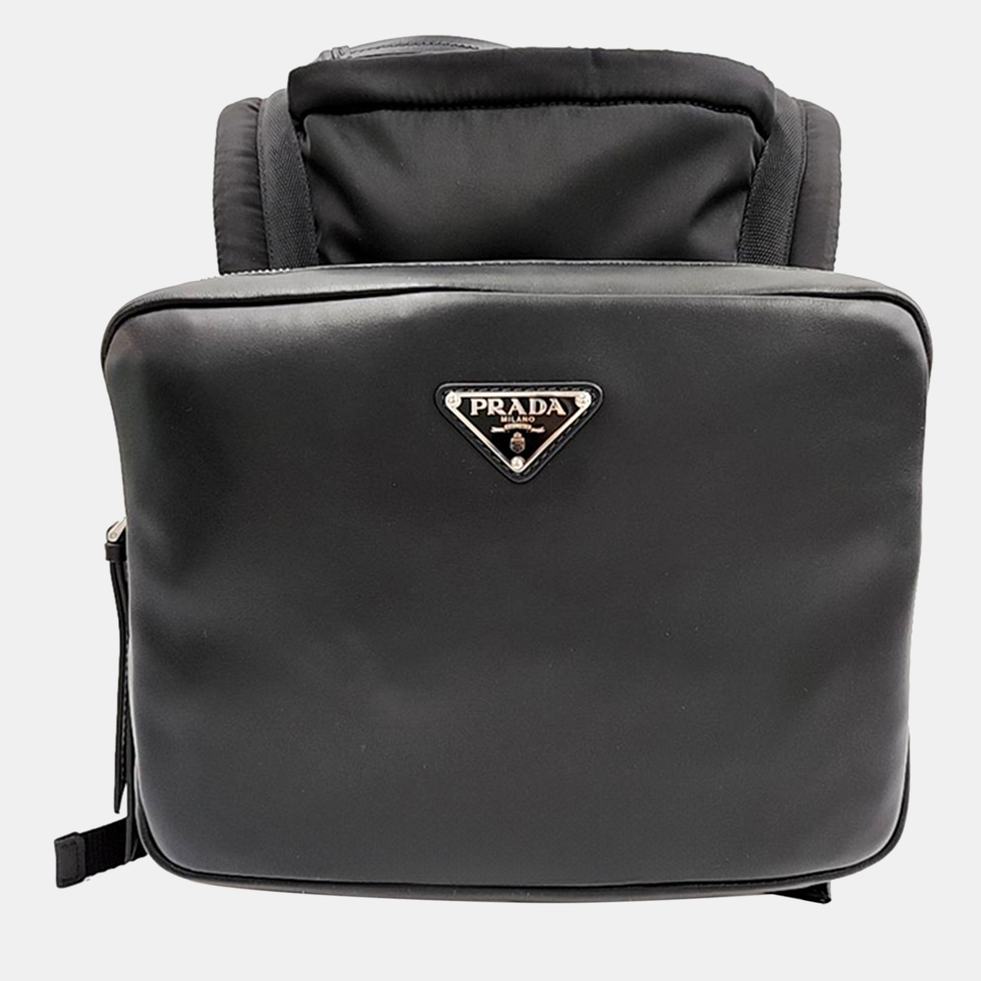 Prada black leather hooded backpack