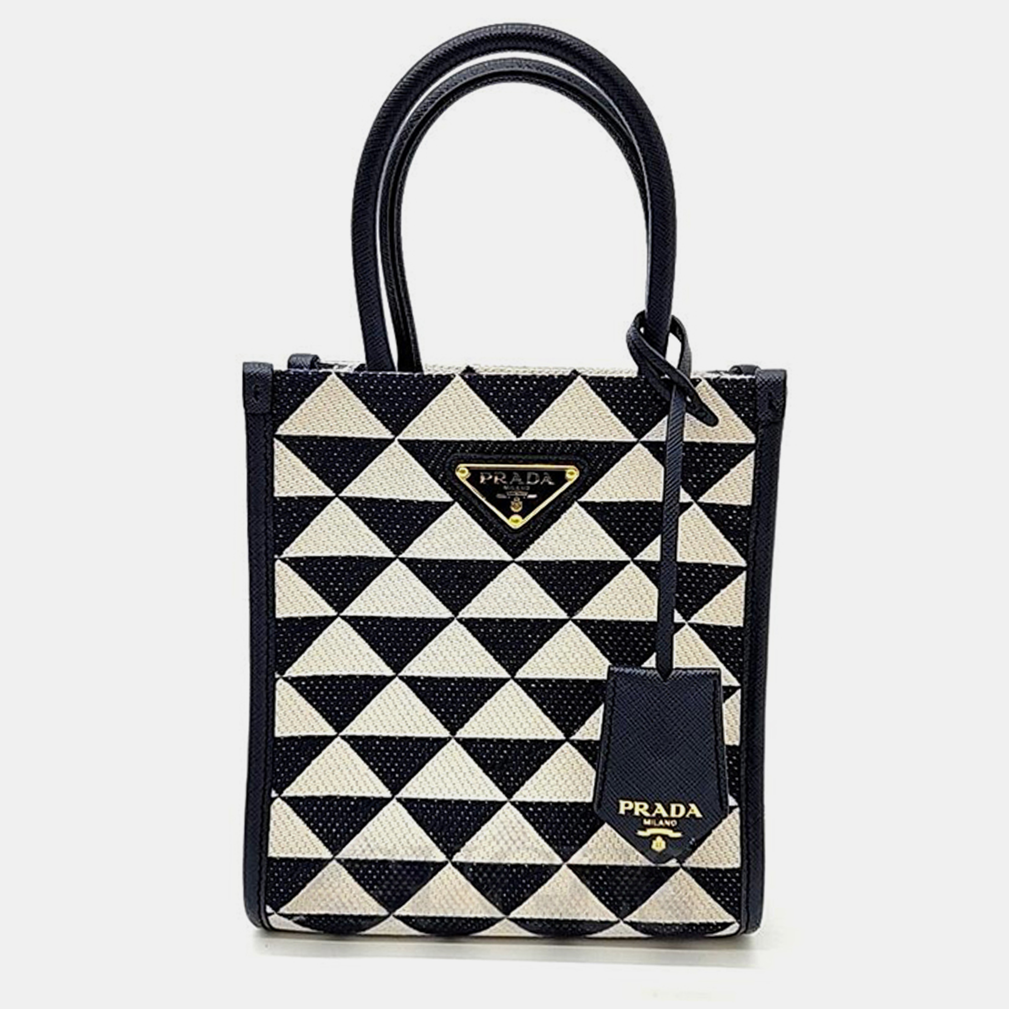 Prada  cream/black triangle canvas and leather symbole tote bag