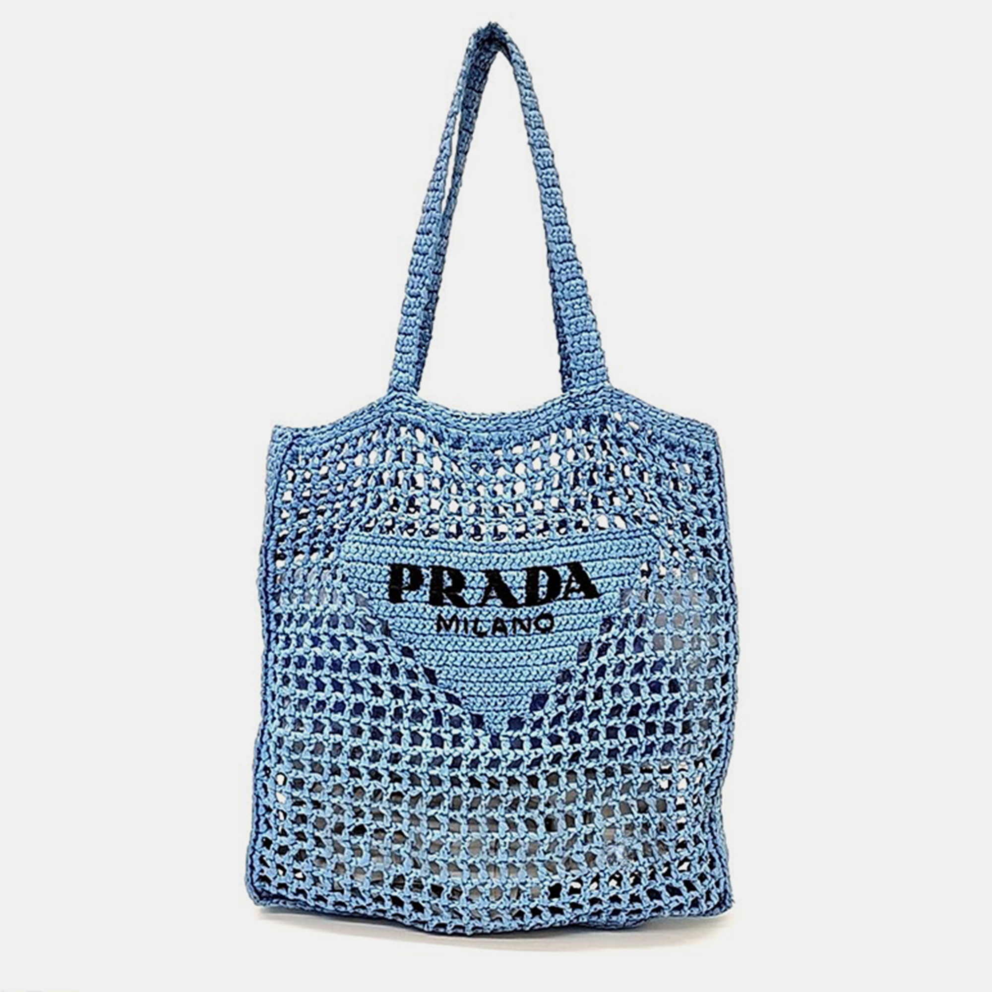 Prada light blue straw crochet tote bag