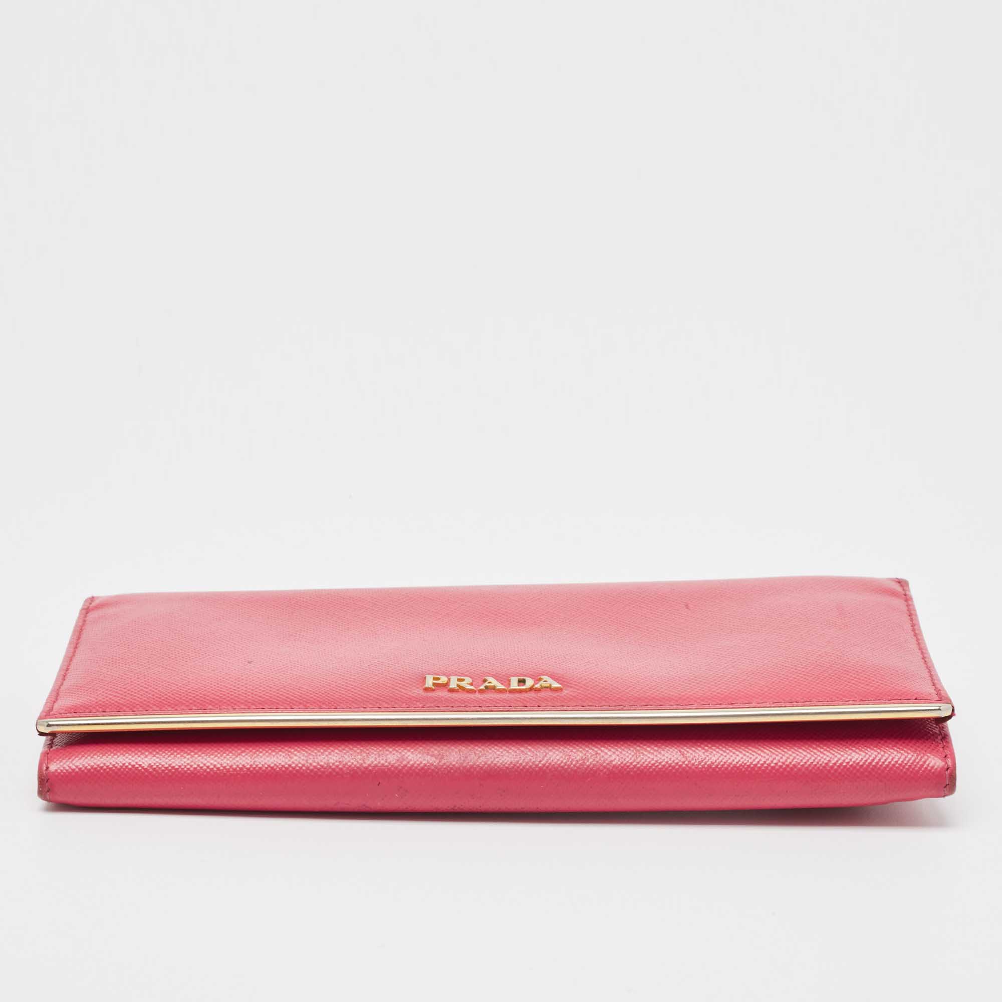 Prada Pink Saffiano Leather Metal Detail Continental Wallet