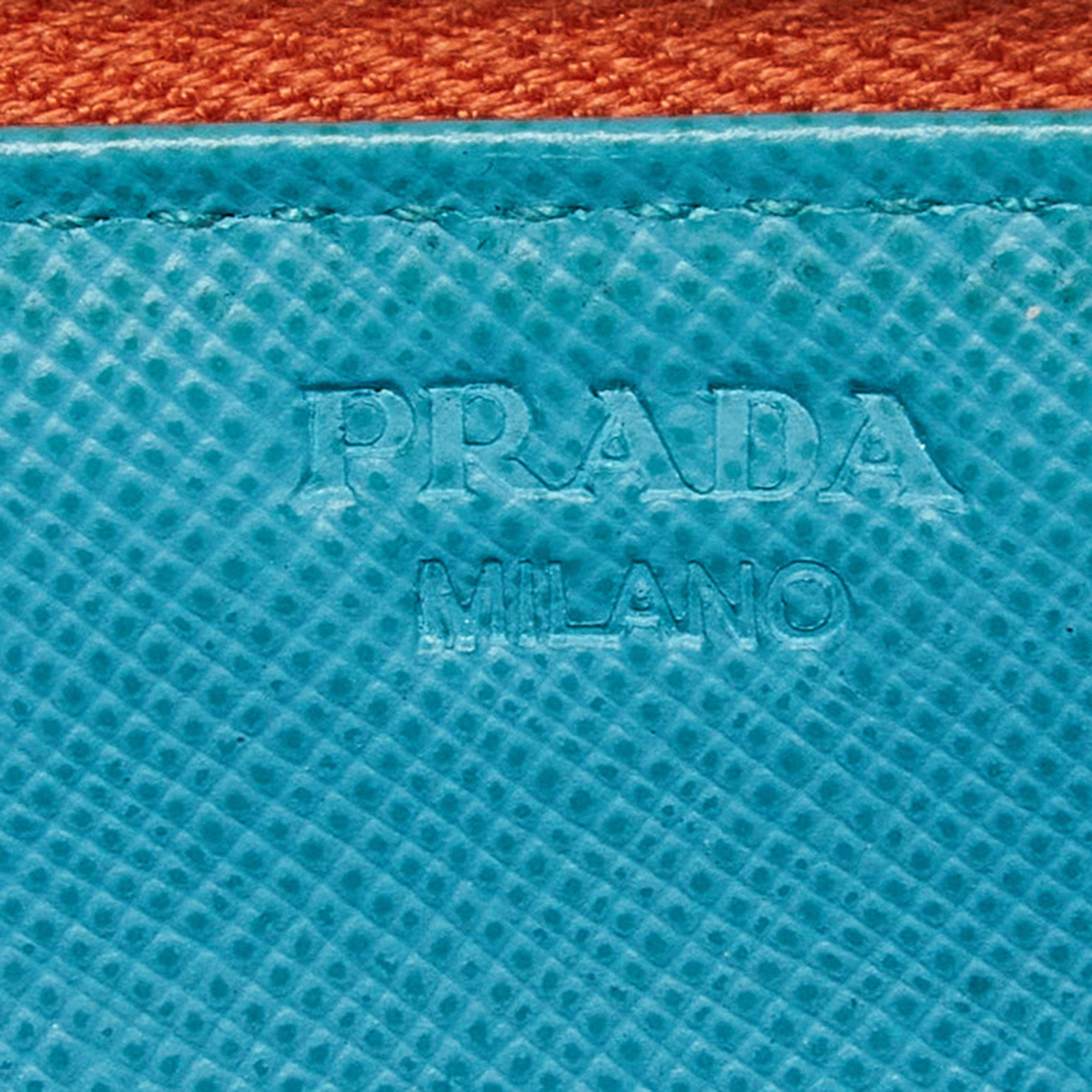 Prada Orange/Blue Saffiano Metal Zip Around Wallet