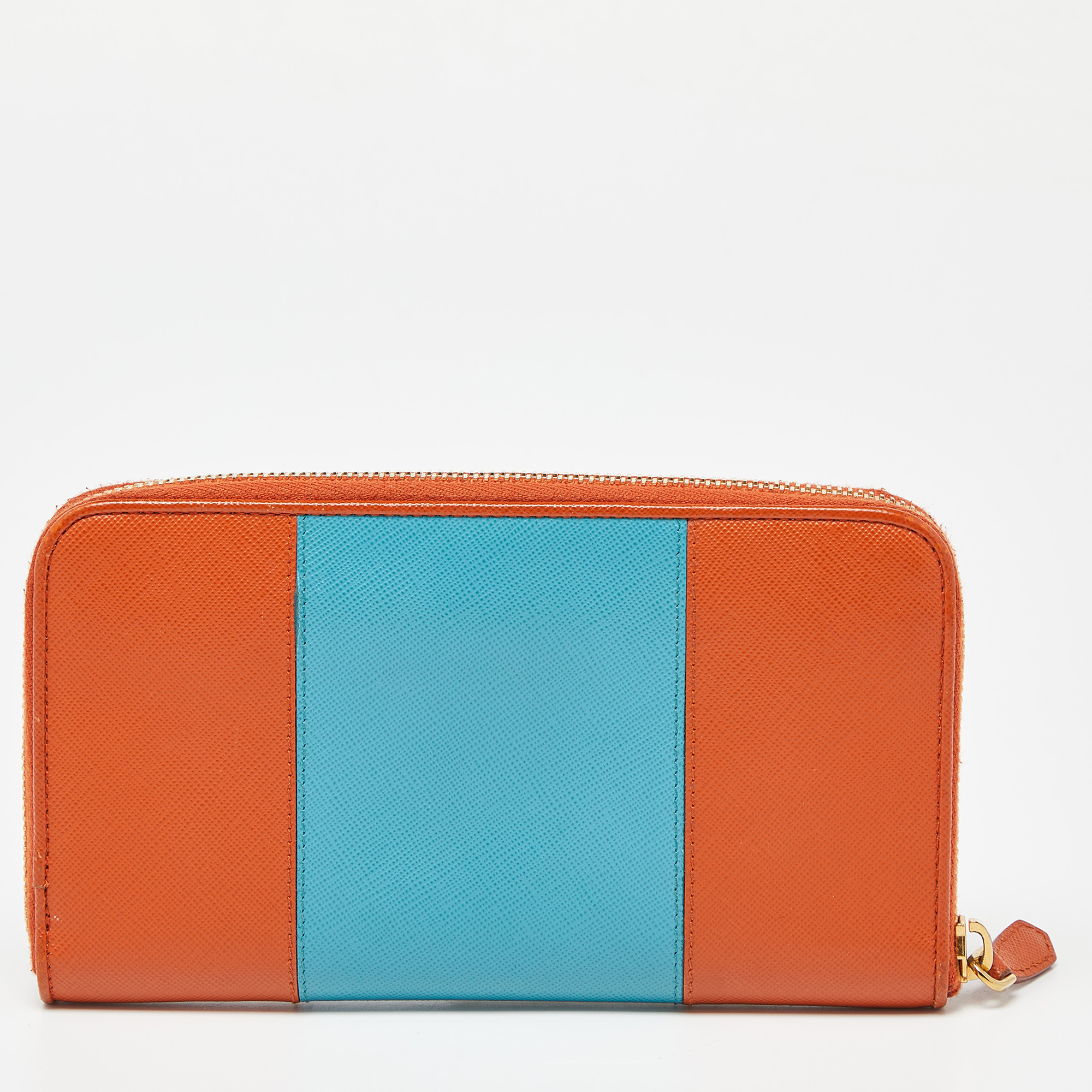 Prada Orange/Blue Saffiano Metal Zip Around Wallet