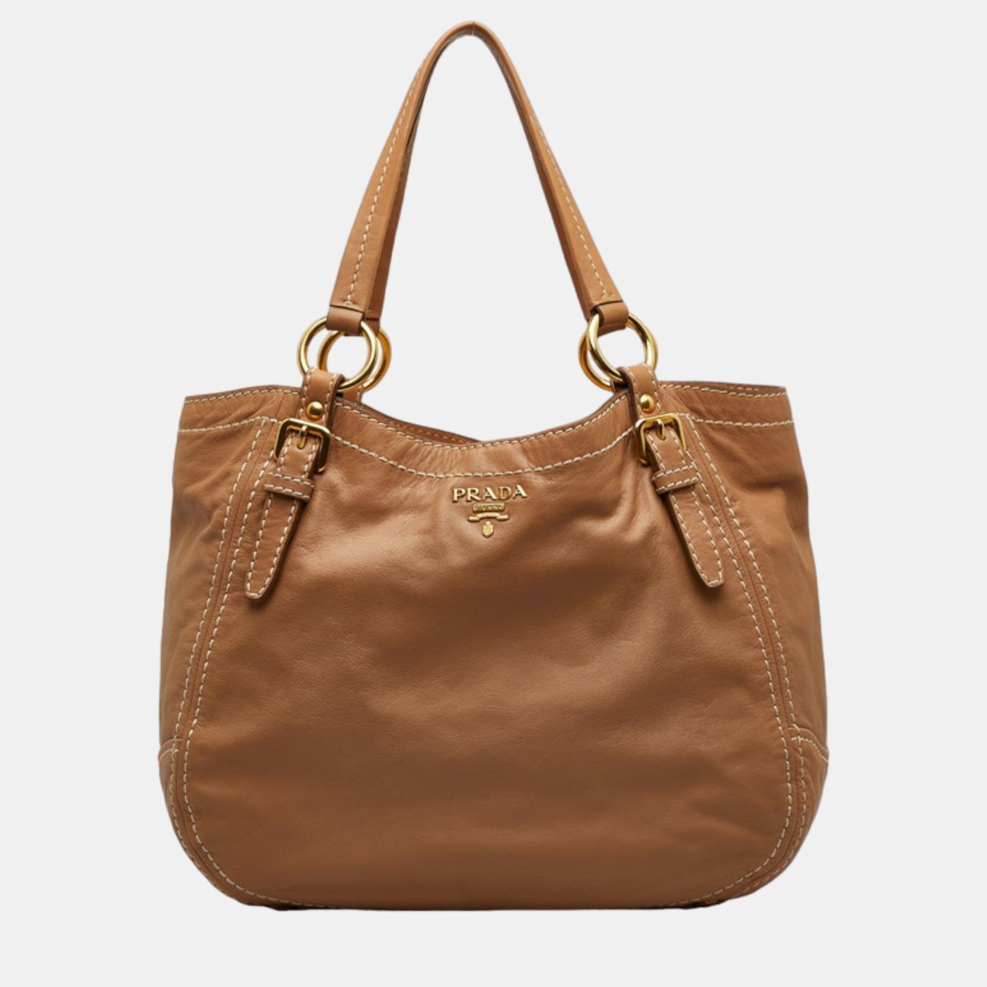 Prada brown leather logo shoulder bag