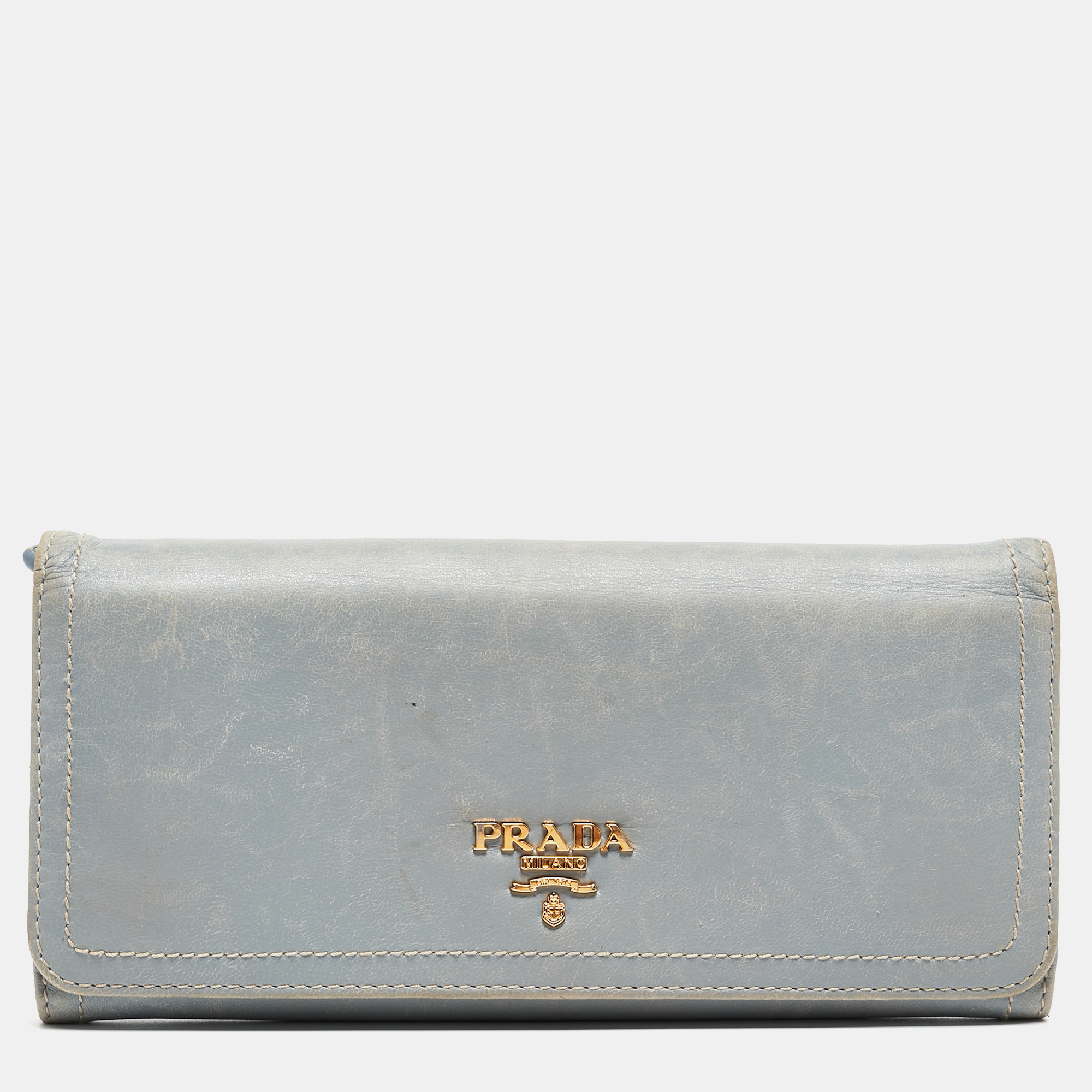 Prada light blue leather logo flap continental wallet