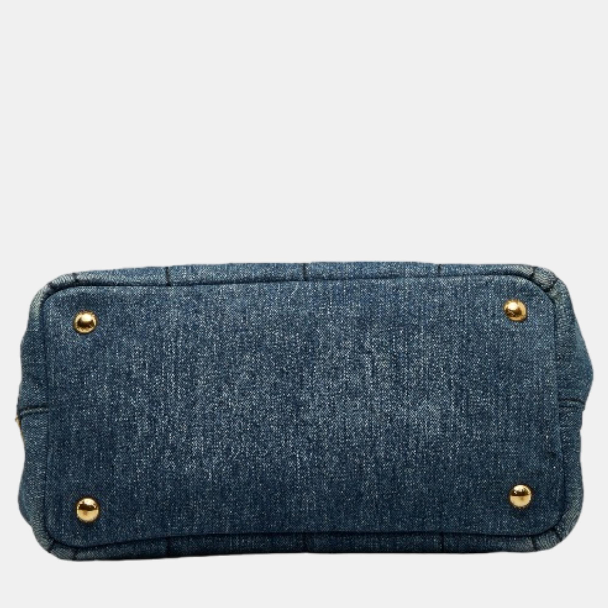 Prada Blue Denim Canapa Denim Logo Handbag