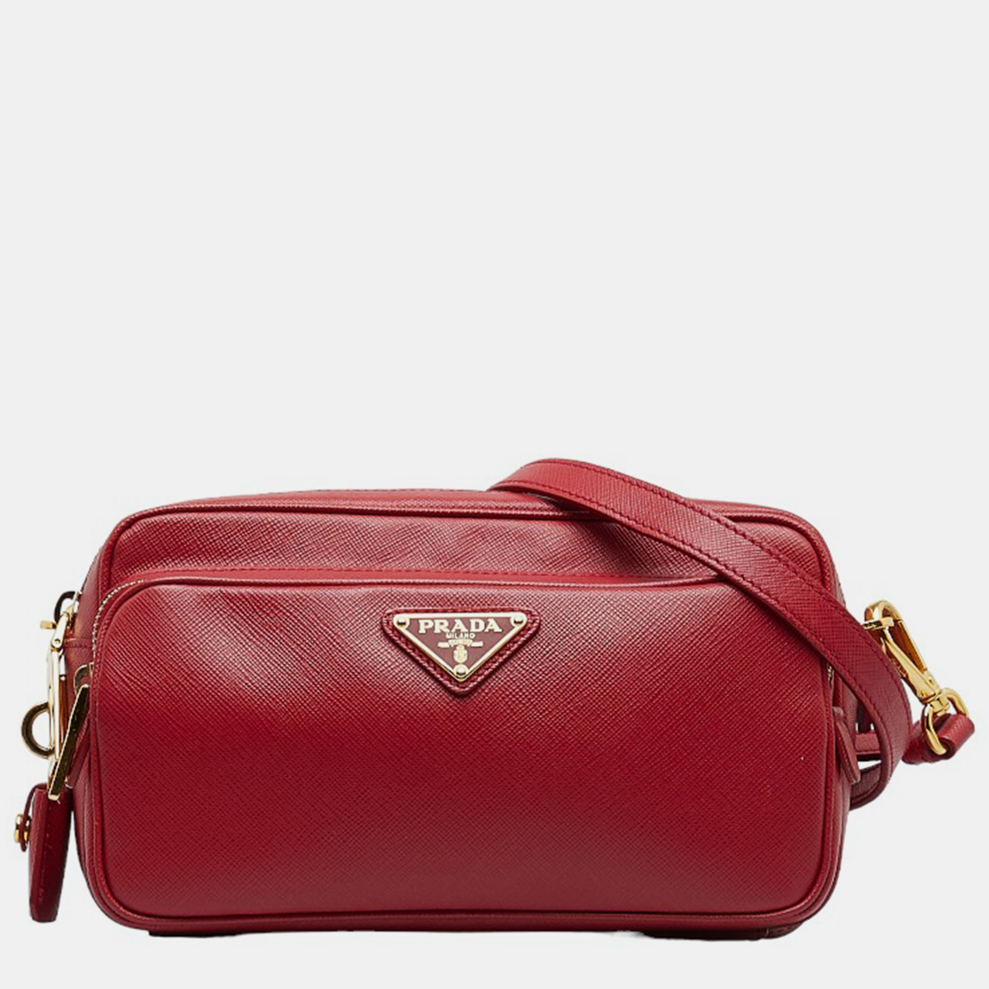 Prada Red Saffiano Lux Double Zip Crossbody Bag