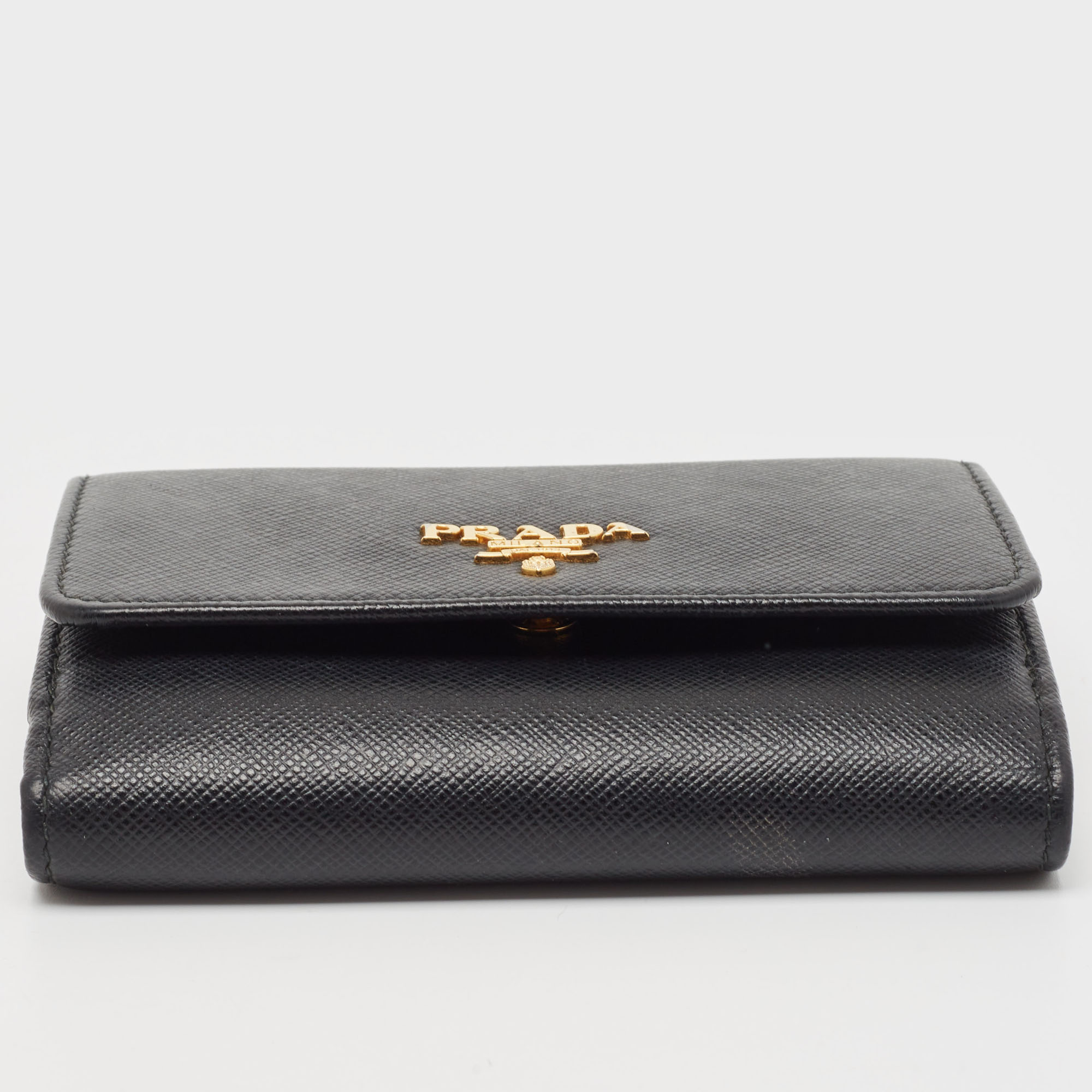 Prada Black Saffiano Metal Leather Logo Compact Wallet