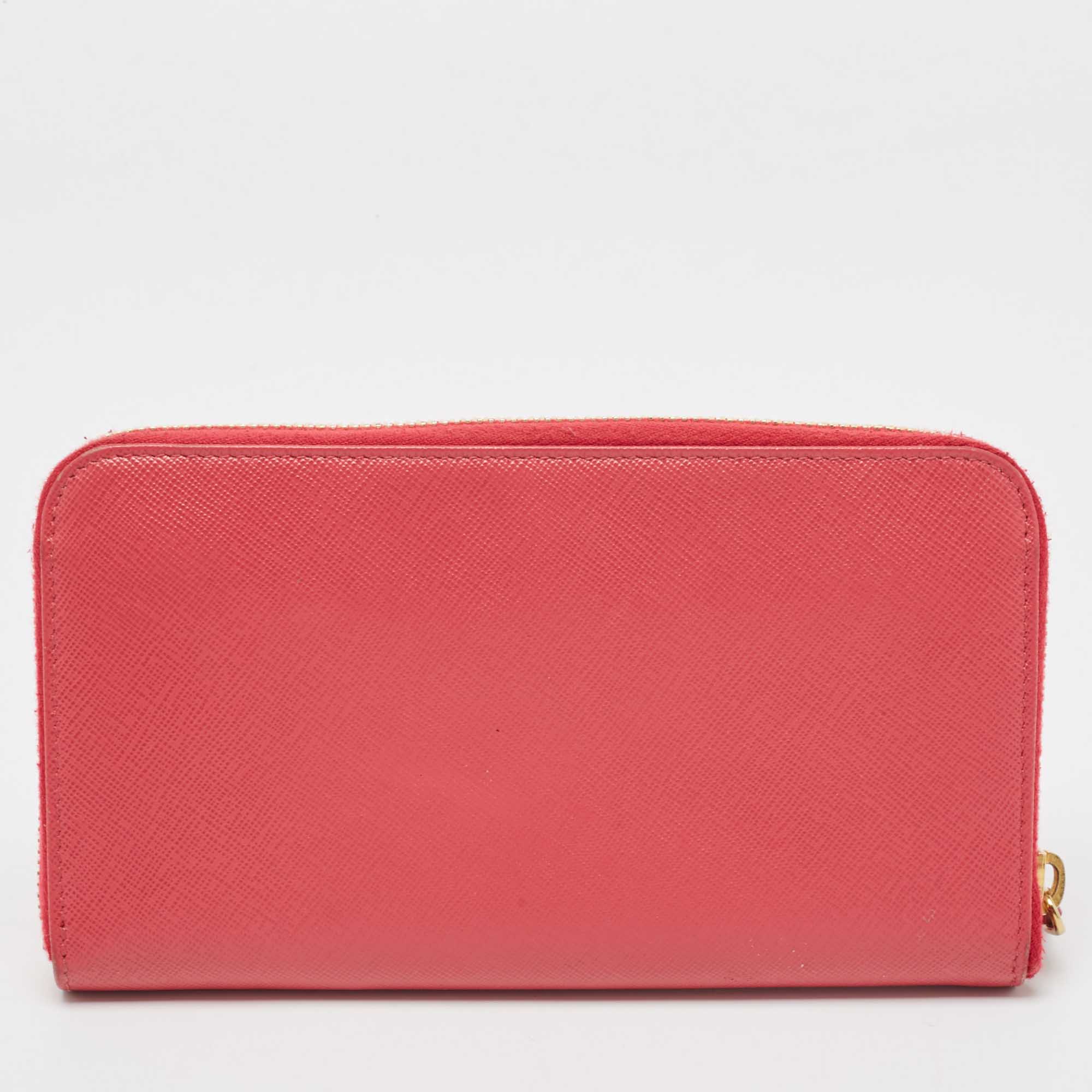 Prada Pink Saffiano Leather Zip Around Wallet