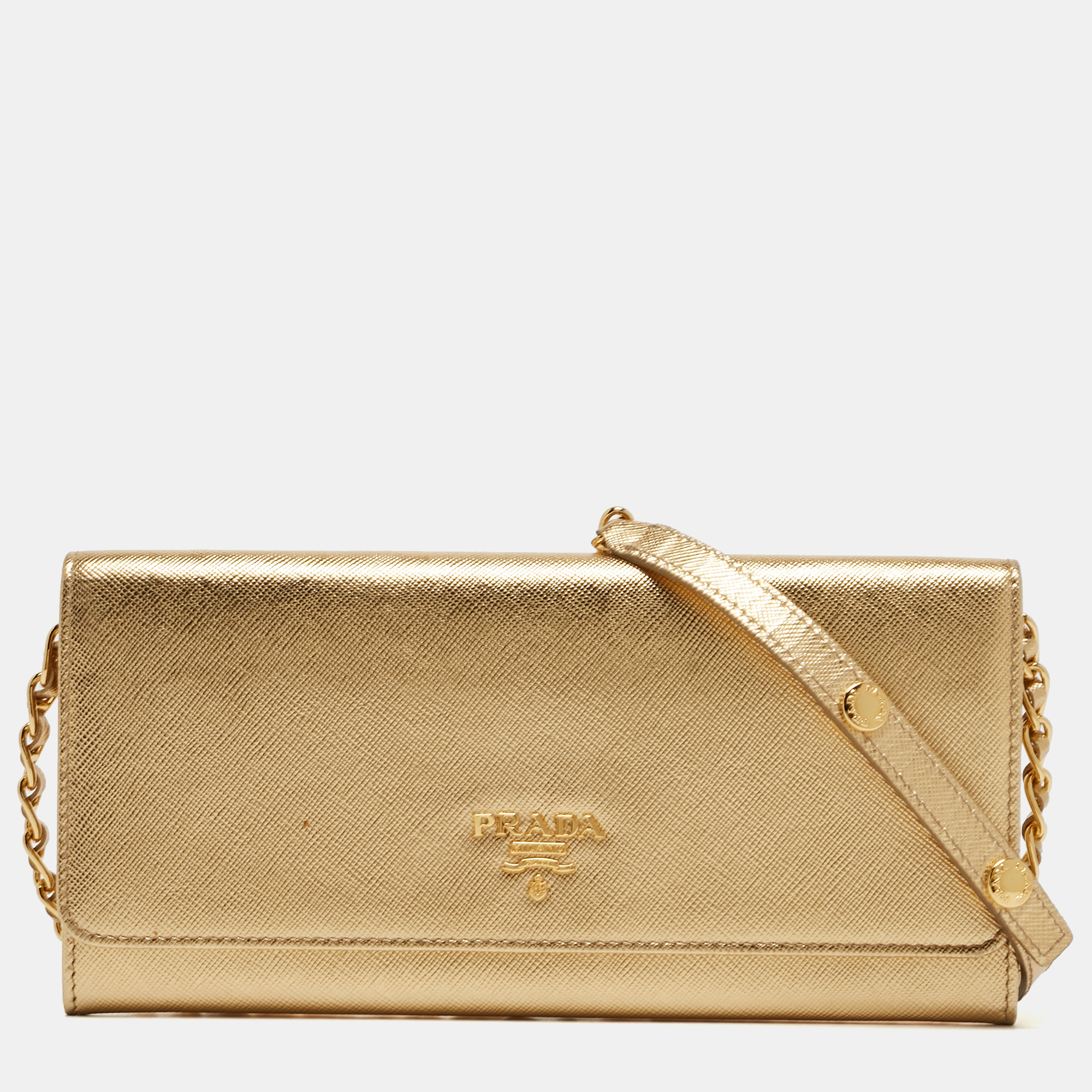 Prada Gold Saffiano Metal Leather Wallet On Chain