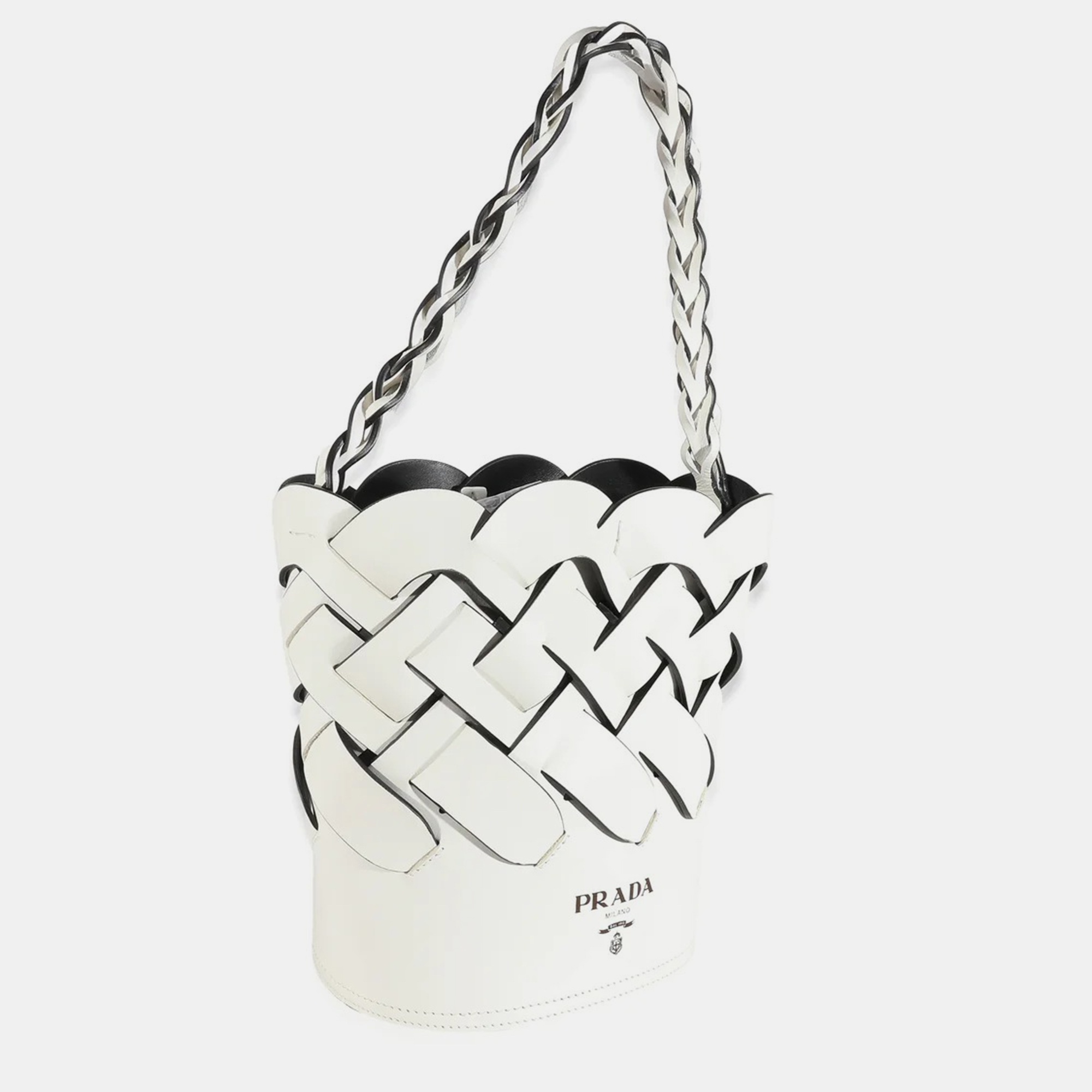 Prada White Vitello Intrecciato Leather Tress Bucket Bag