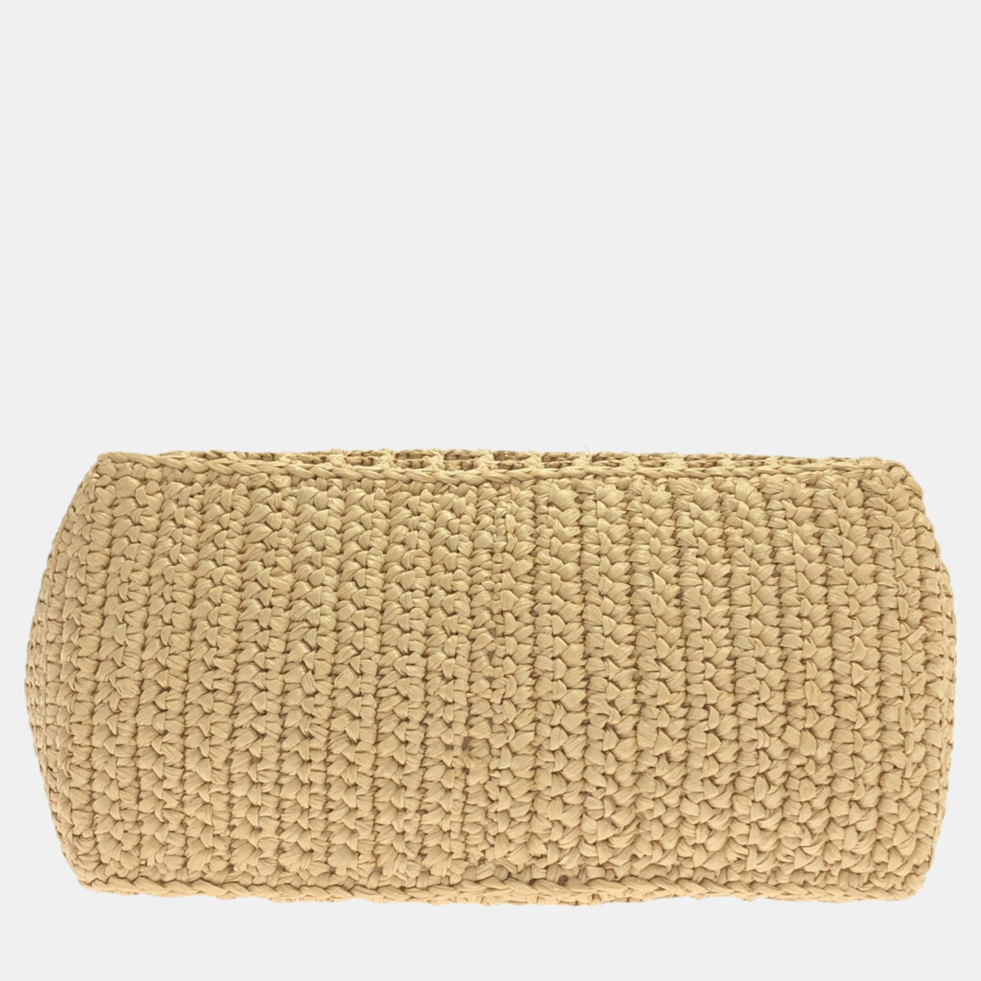 Prada Beige Crochet Raffia Logo Tote