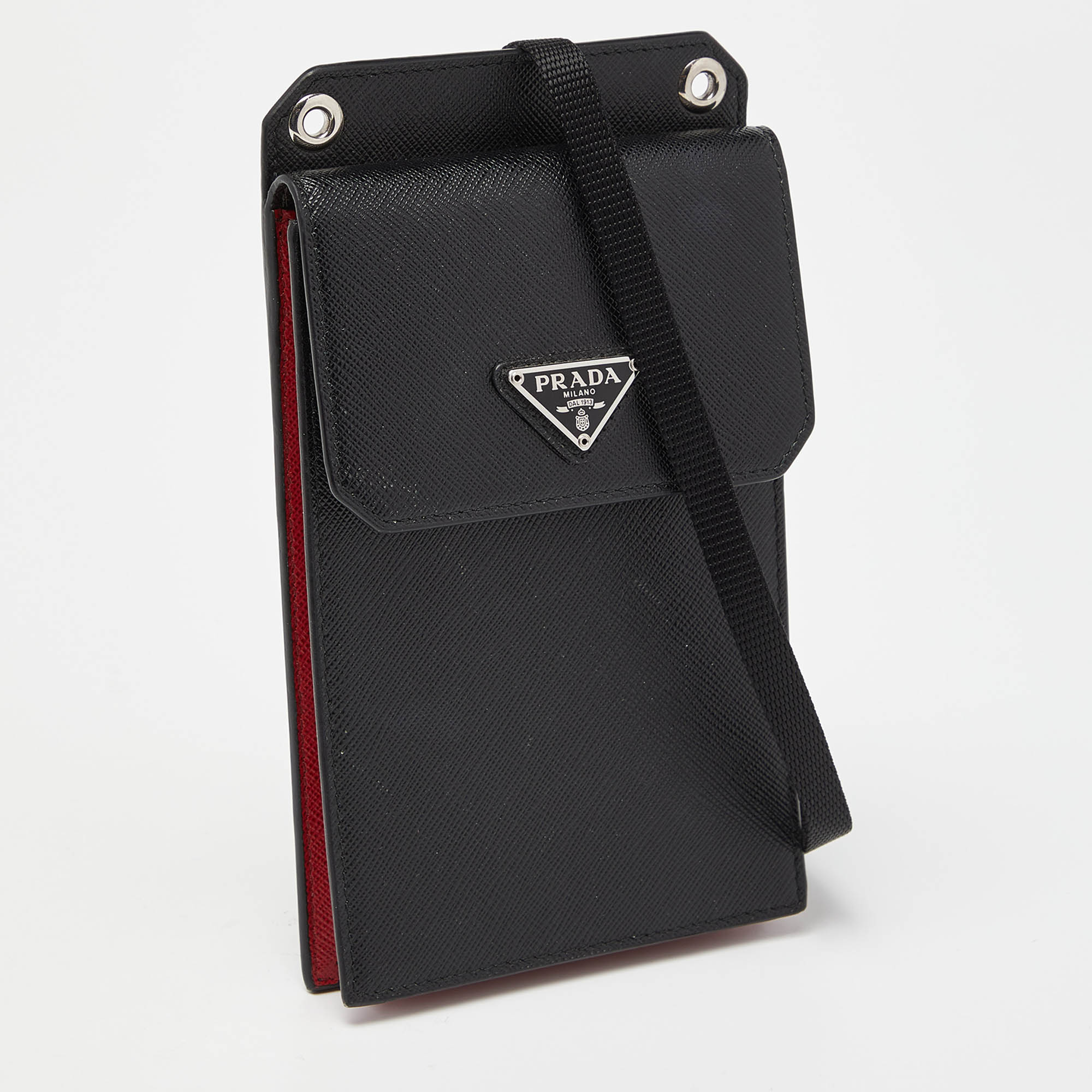 Prada Black/Red Saffiano Leather Logo Phone Crossbody Bag