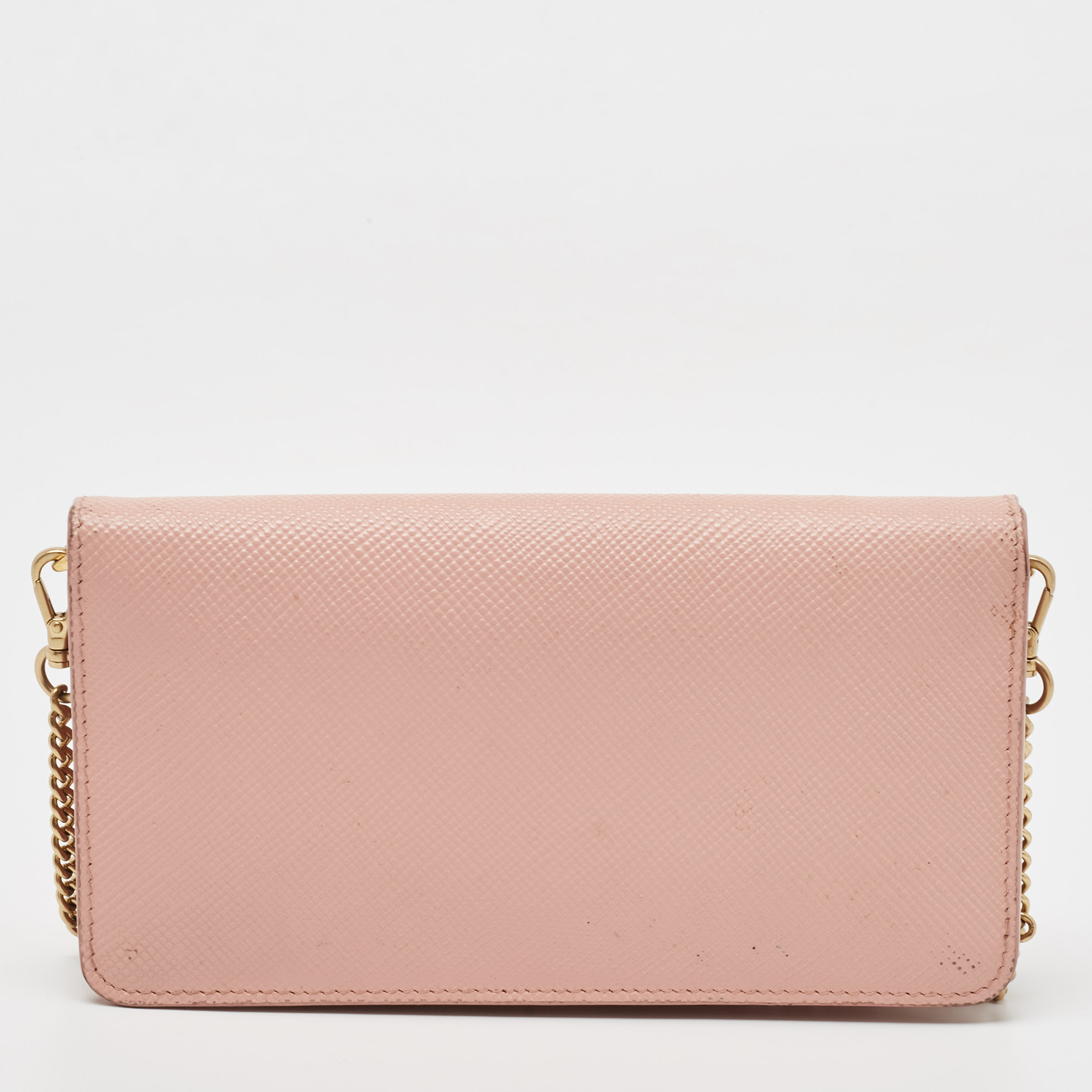 Prada Pink Saffiano Cuir Leather Wallet On Chain