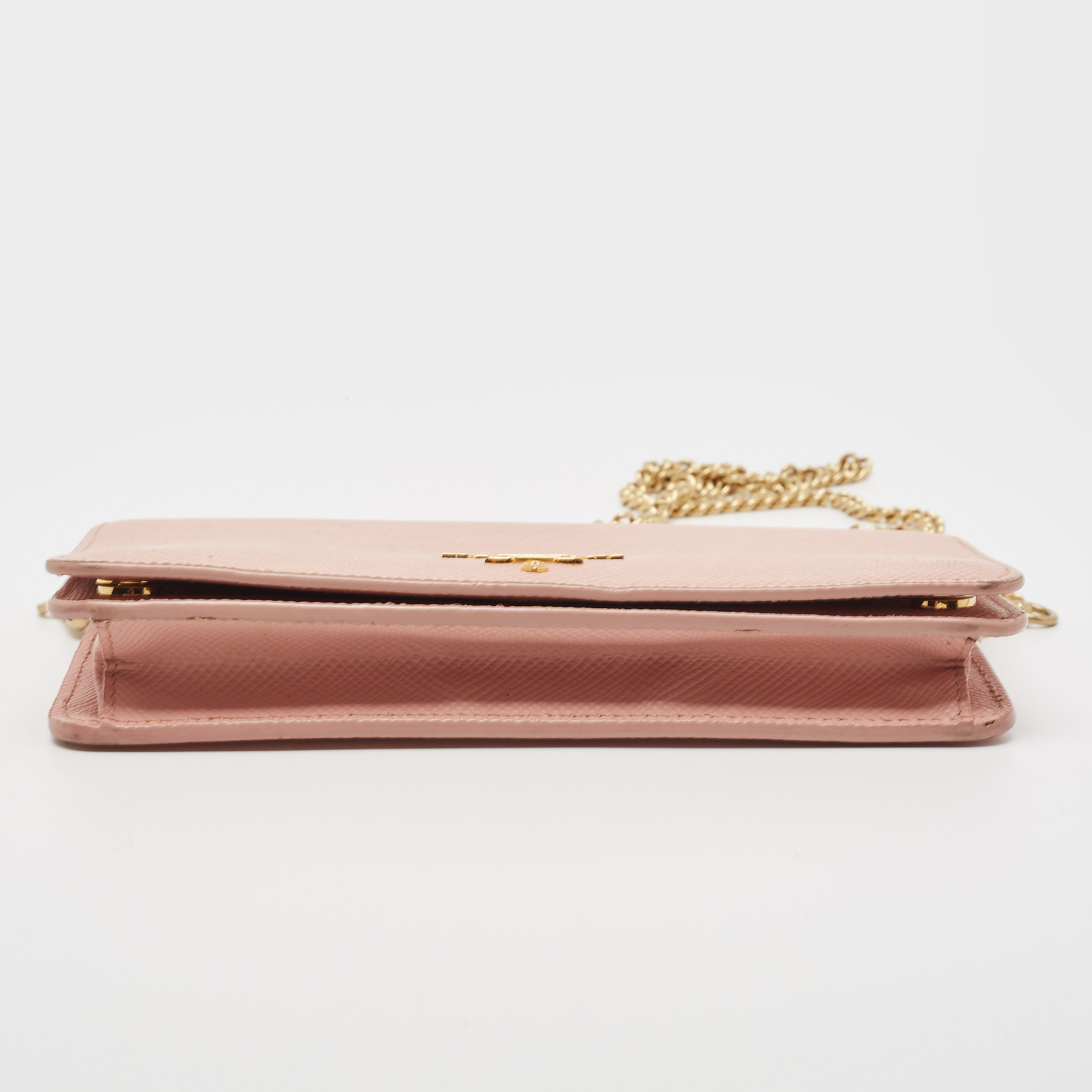 Prada Pink Saffiano Cuir Leather Wallet On Chain