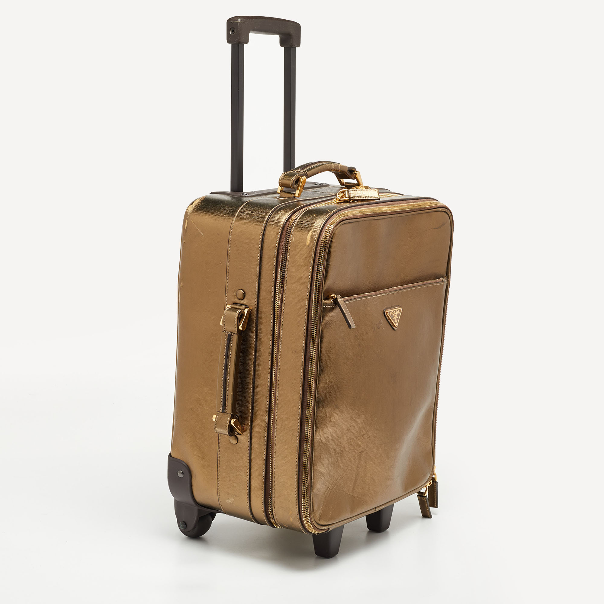 Prada Metallic Gold Saffiano Leather Travel Rolling Trolley Luggage