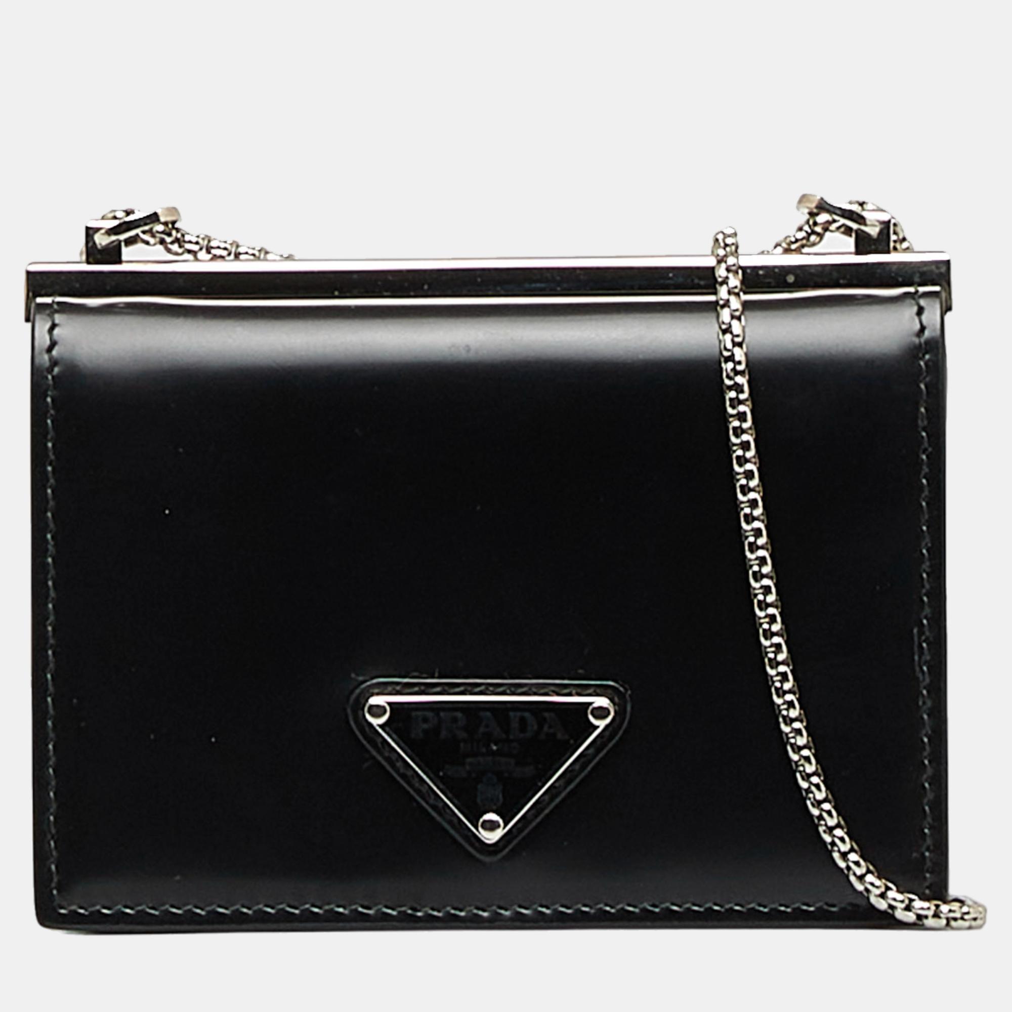 Prada Black Brushed Leather Wallet On Chain