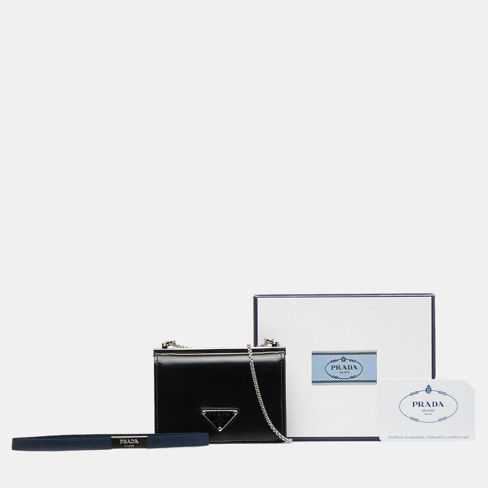 Prada Black Brushed Leather Wallet On Chain