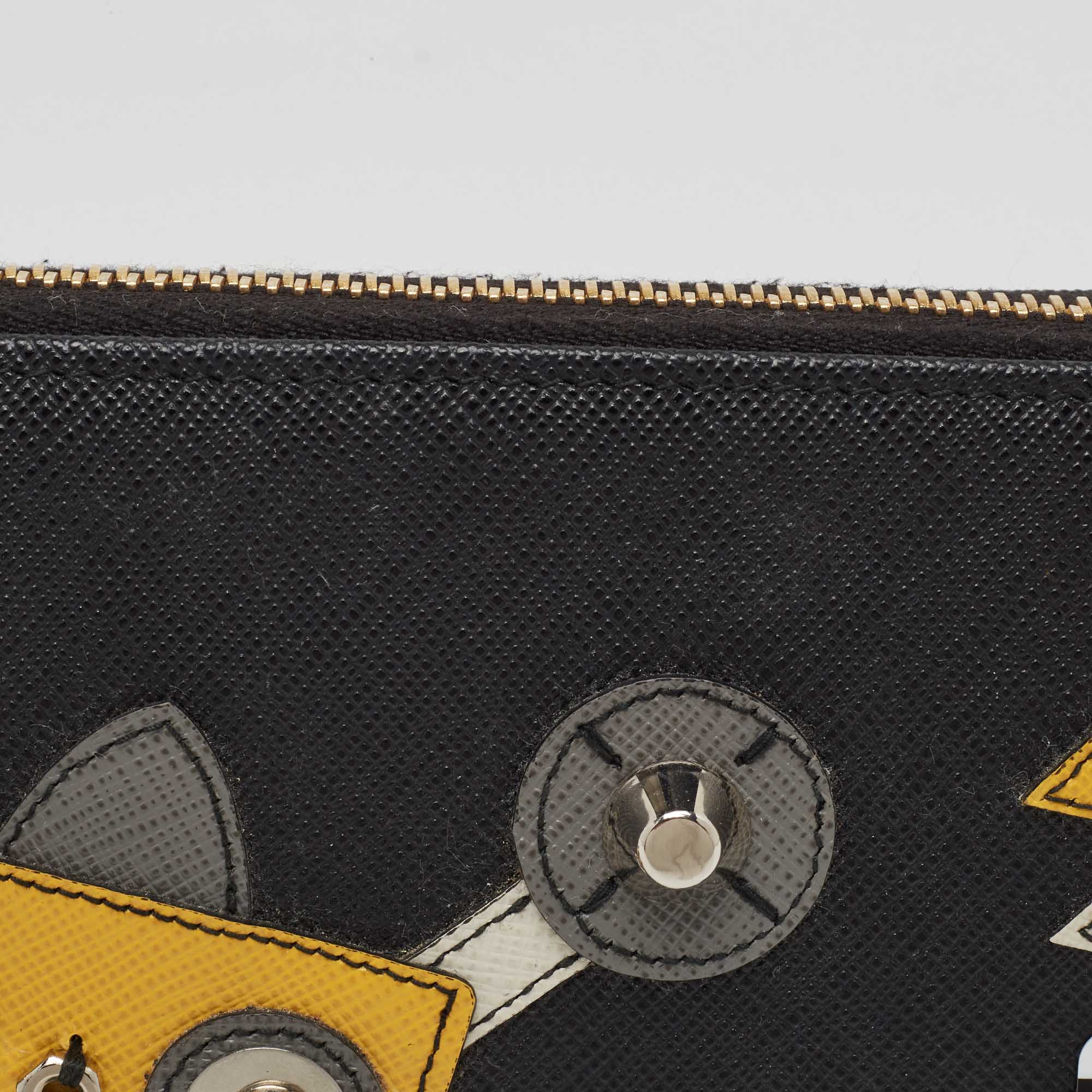Prada Black Saffiano Robot Leather Zip Around Continental Wallet