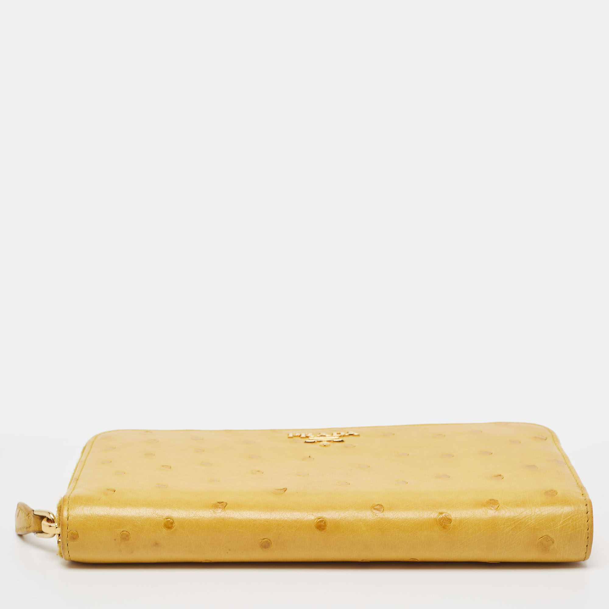 Prada Mustard Ostrich Zip Around Wallet