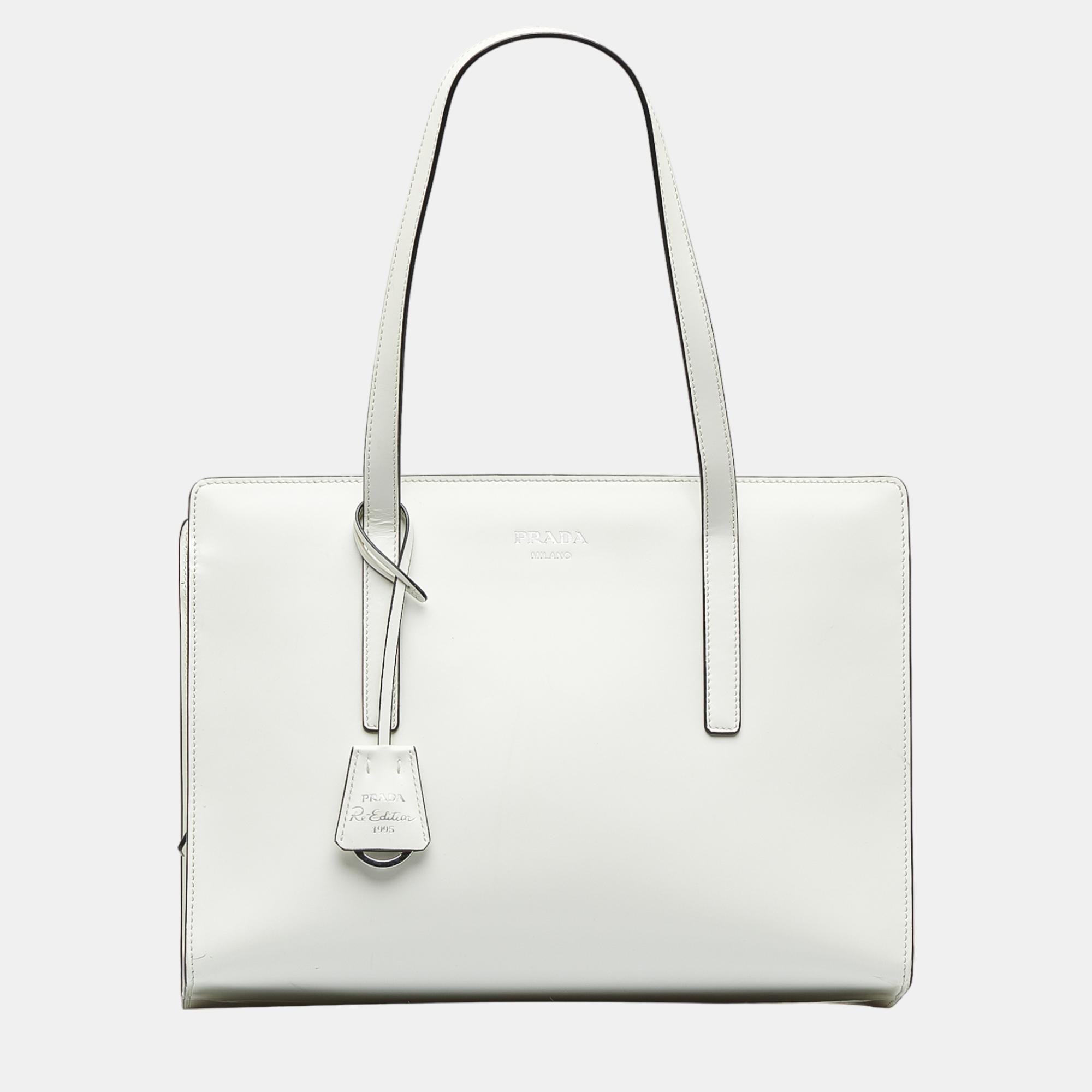 Prada White Medium Re-Edition 1995 Leather Tote Bag
