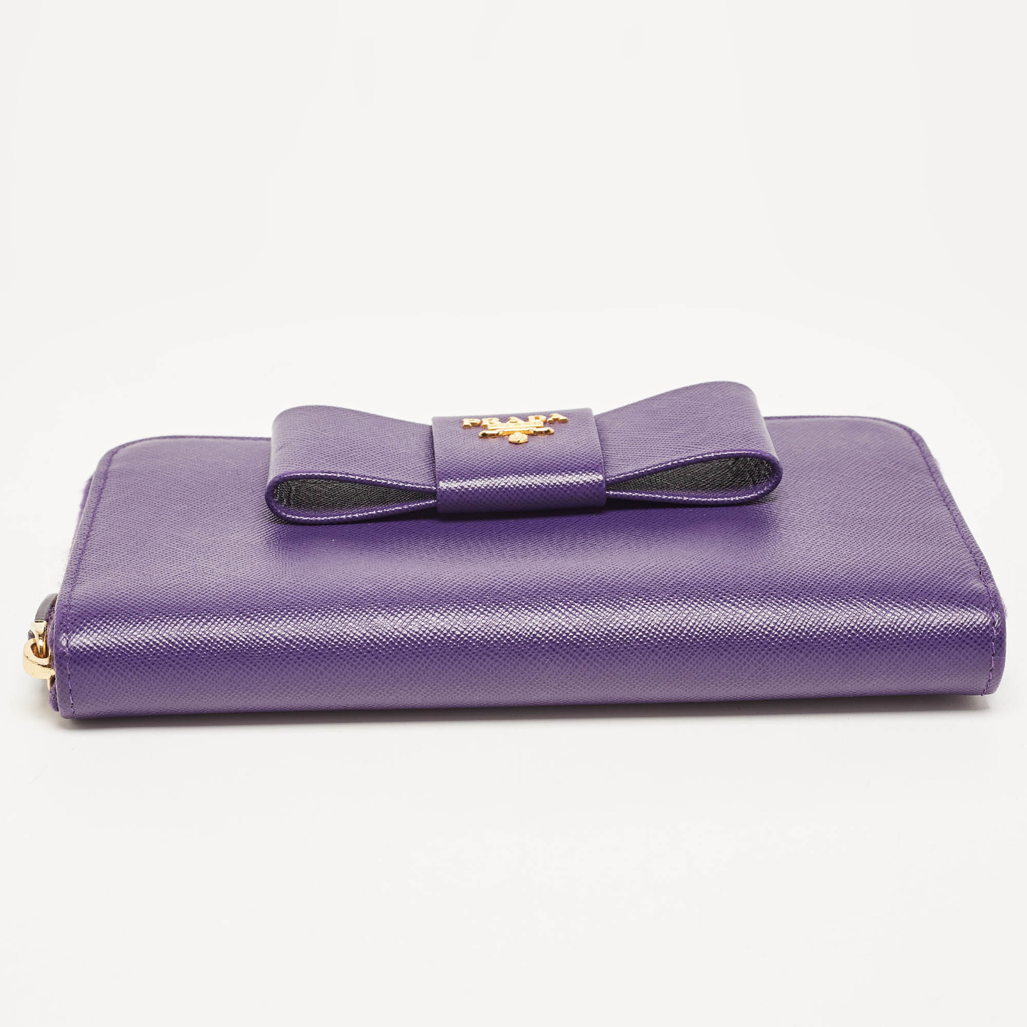 Prada Purple Saffiano Leather Bow Zip Around Wallet