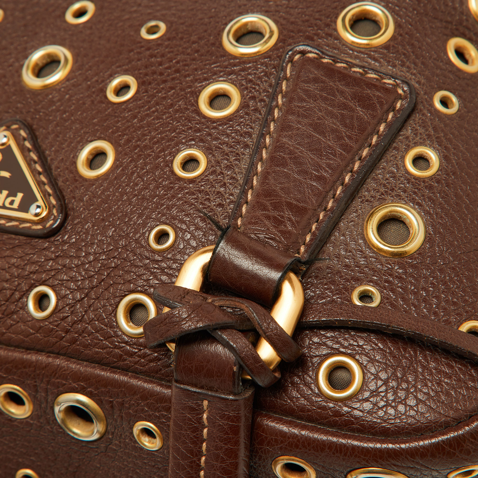 Prada Brown Leather Zip Grommet Bag