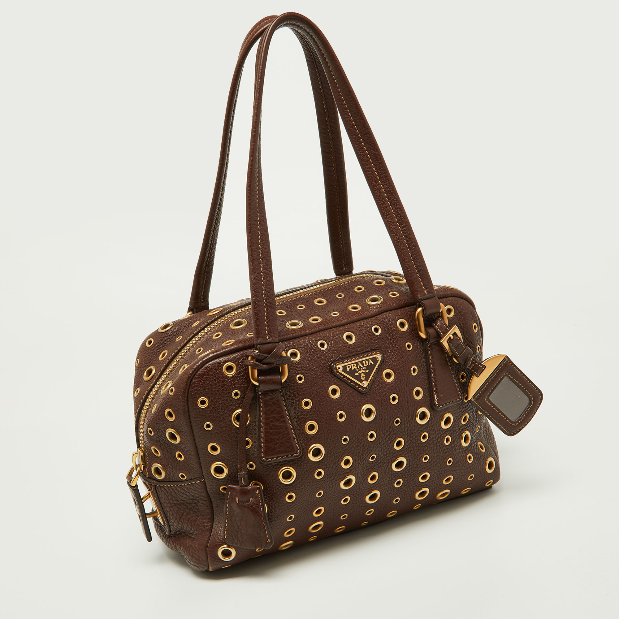 Prada Brown Leather Zip Grommet Bag