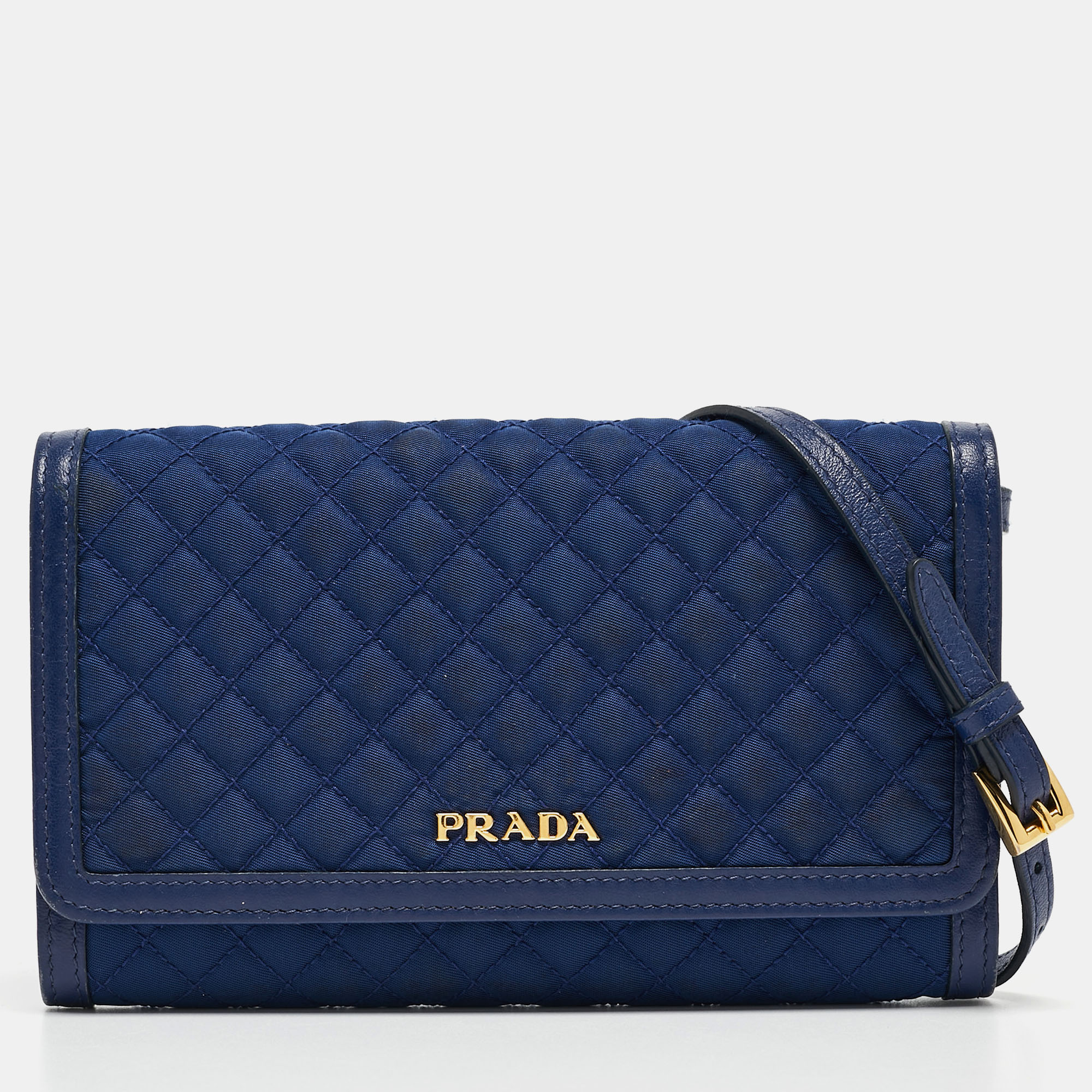 Prada Blue Quilted Nylon And Leather Logo Strap Wallet