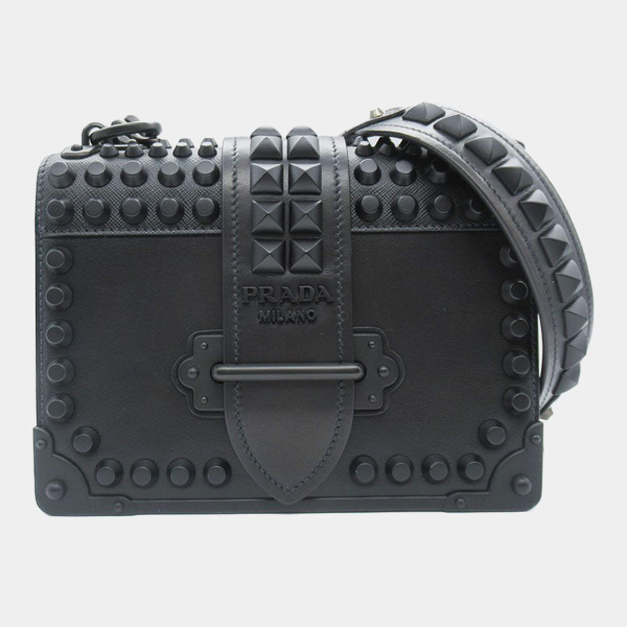 

Prada Black Leather Studded Cahier Shoulder Bag