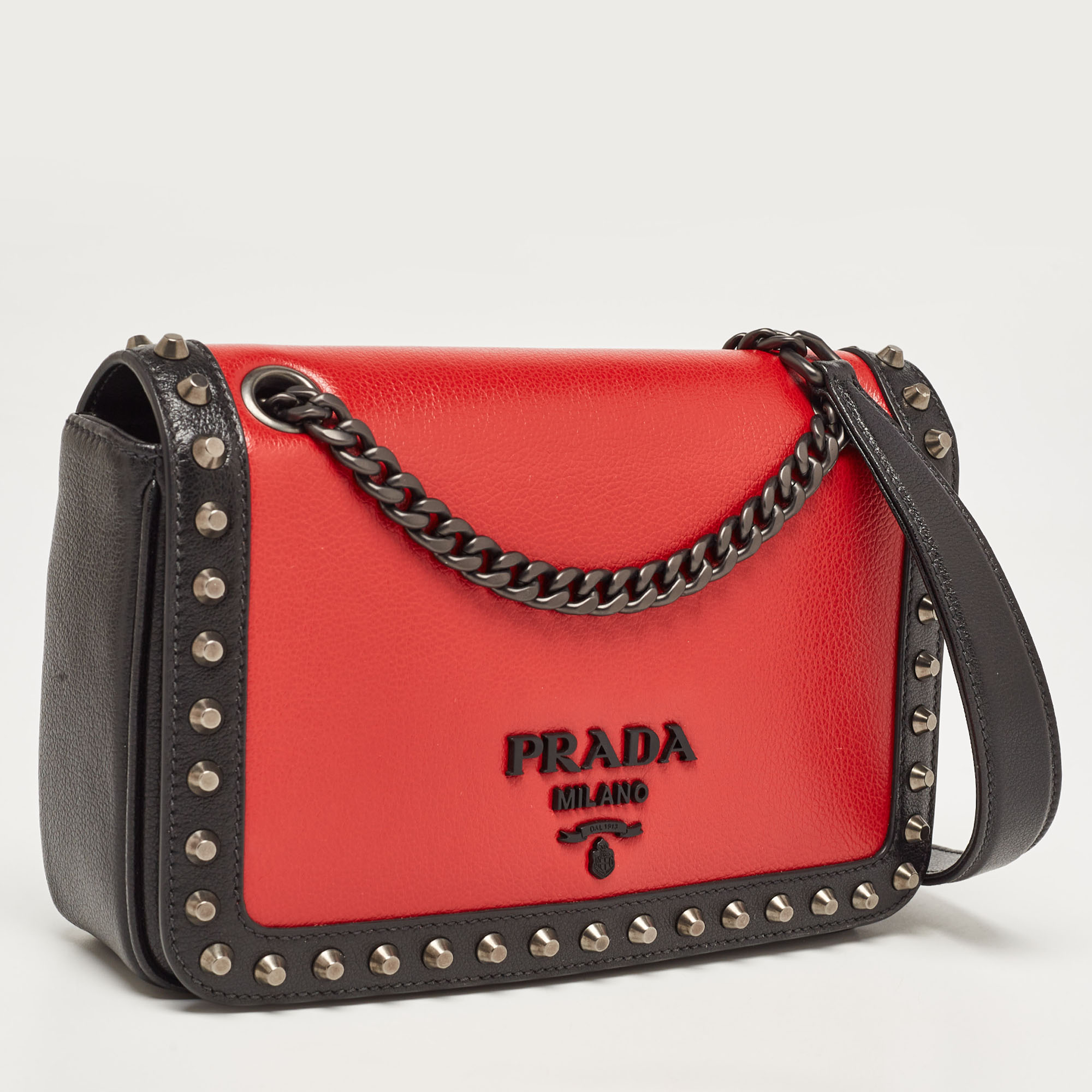 

Prada Black/Red Glazed Leather Studded Flap Chain Bag
