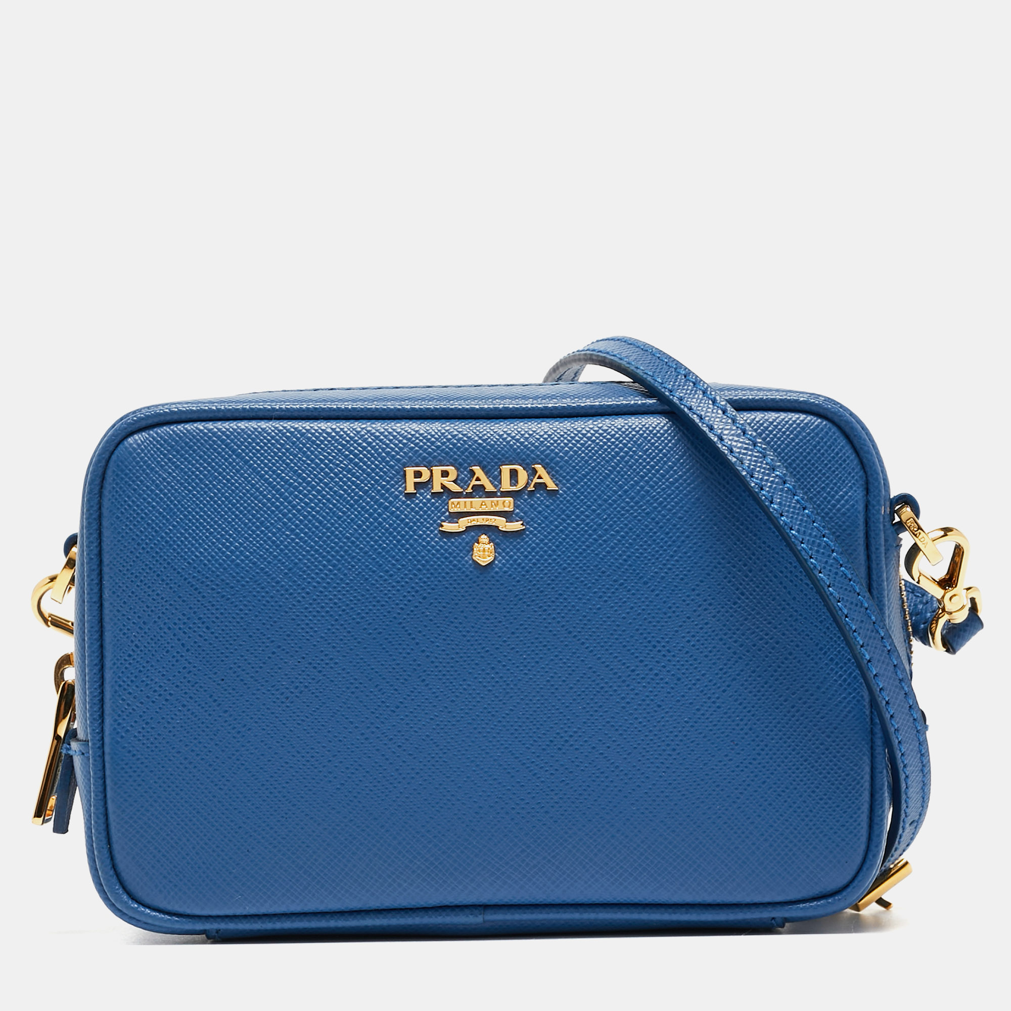 Prada blue saffiano lux leather mini top zip camera bag
