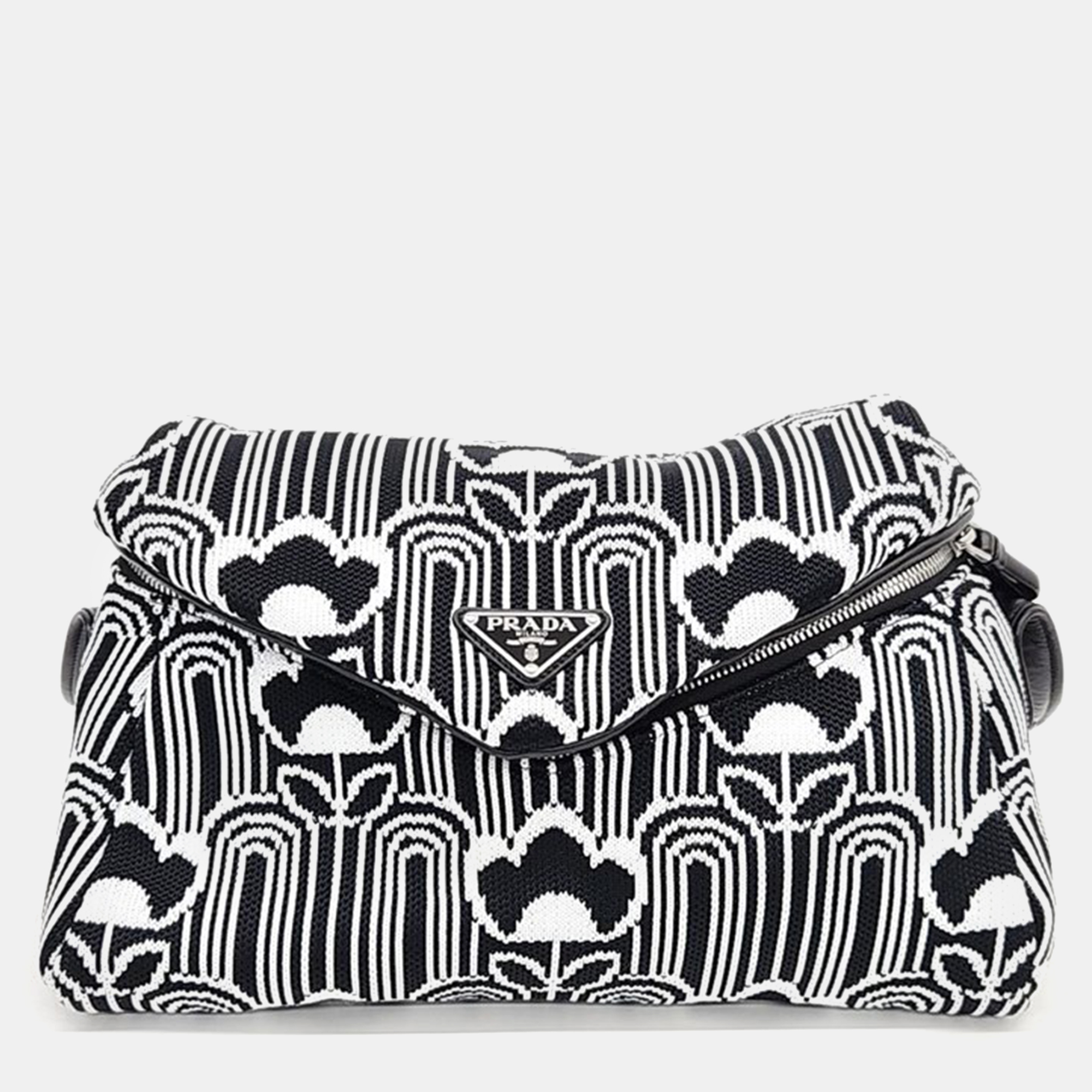 Prada black/white jacquard knit signaux shoulder bag