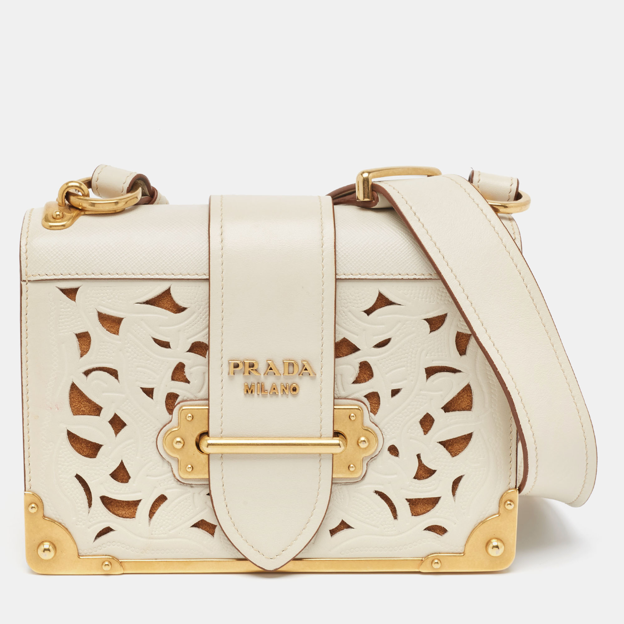 

Prada Off White City Calf and Saffiano Leather Laser Cut Cahier Flap Shoulder Bag