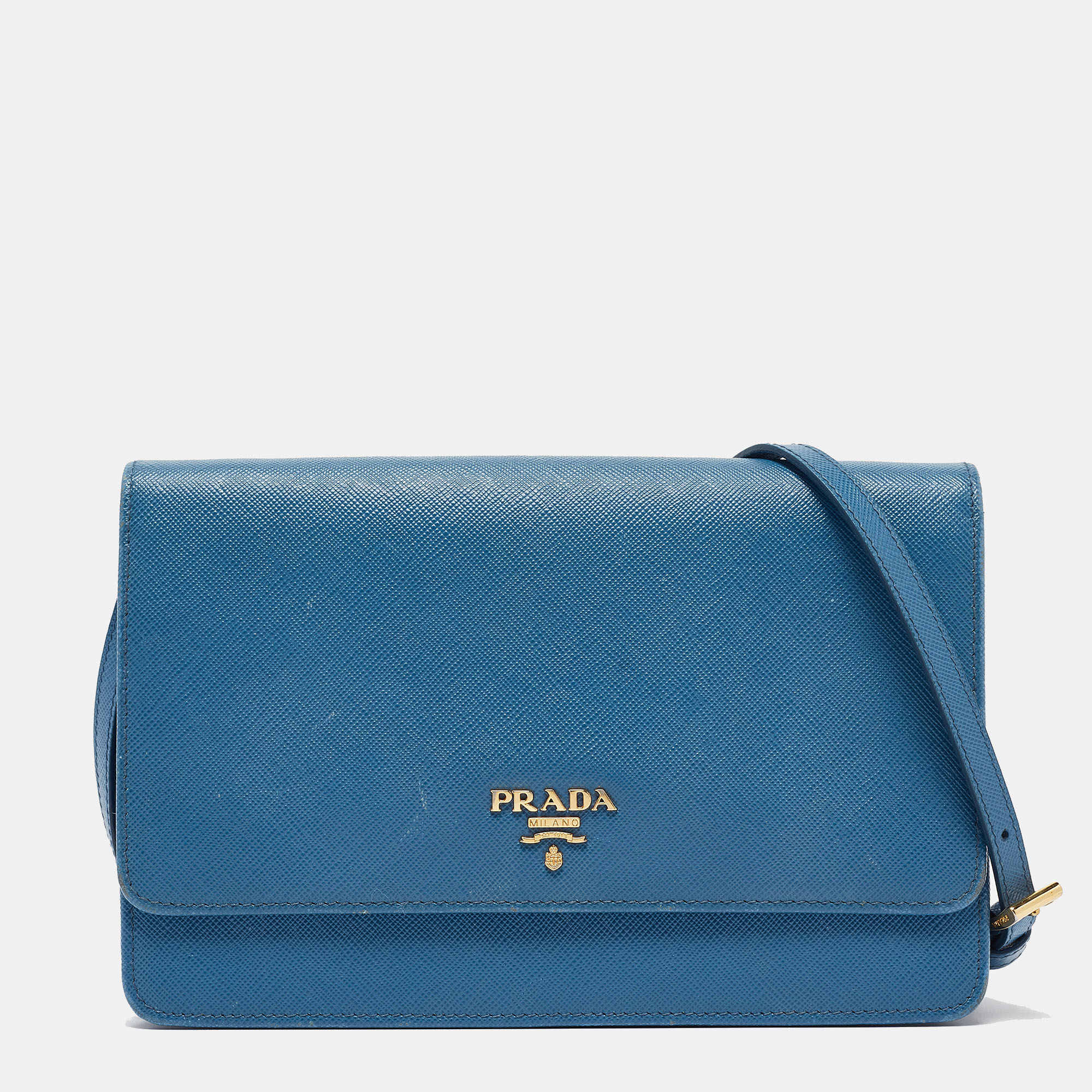 

Prada Blue Saffiano Leather Logo Flap Clutch Bag