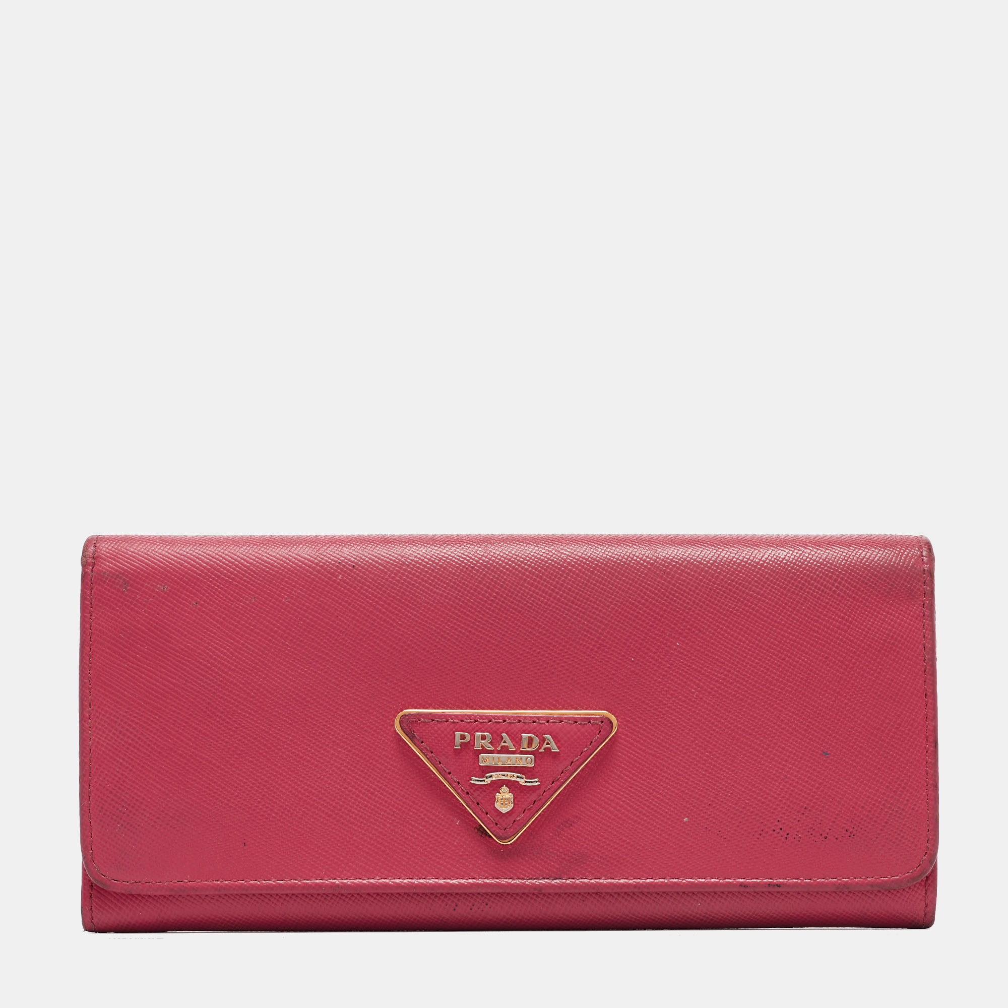 Prada pink saffiano metal leather triangle logo flap continental wallet